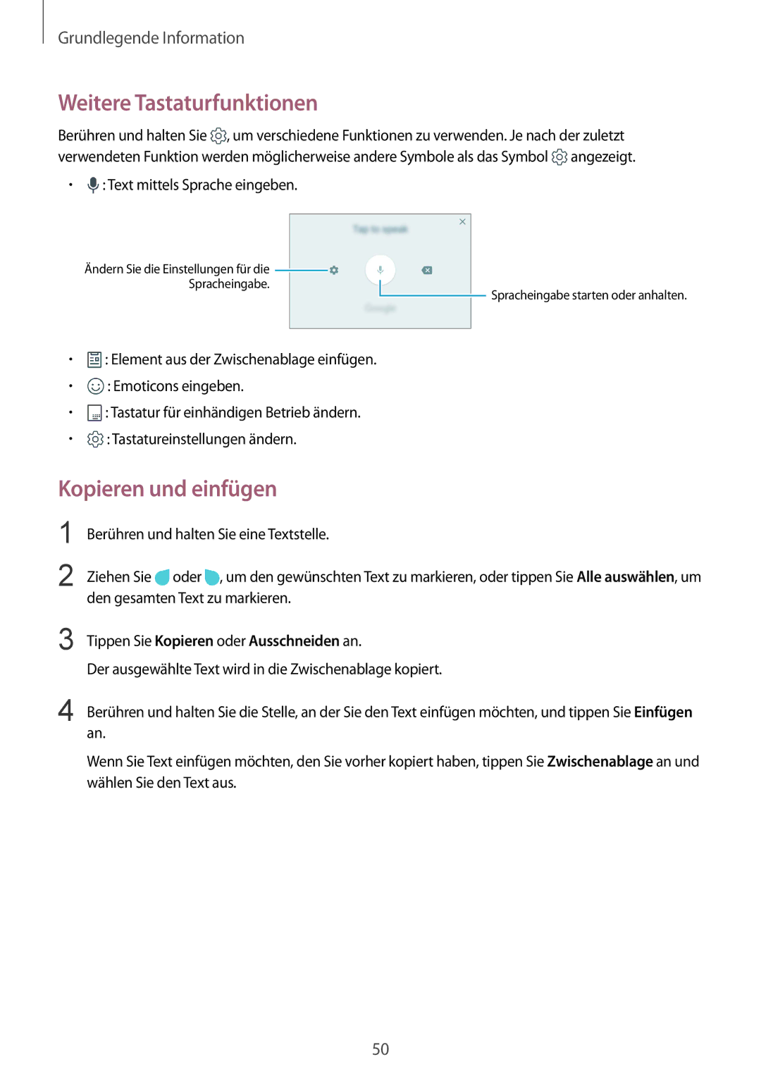 Samsung SM-G935FZSADBT manual Weitere Tastaturfunktionen, Kopieren und einfügen, Tippen Sie Kopieren oder Ausschneiden an 