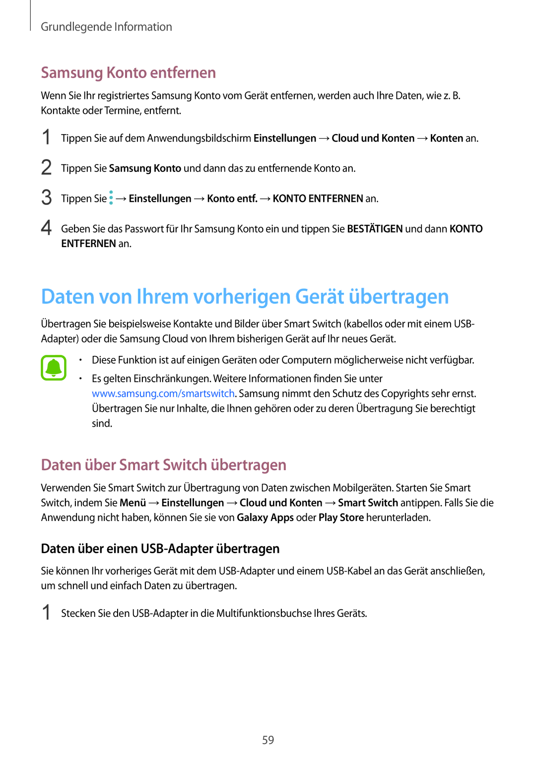 Samsung SM-G935FZDADBT, SM-G935FEDADBT, SM-G935FZKZDBT Daten von Ihrem vorherigen Gerät übertragen, Samsung Konto entfernen 