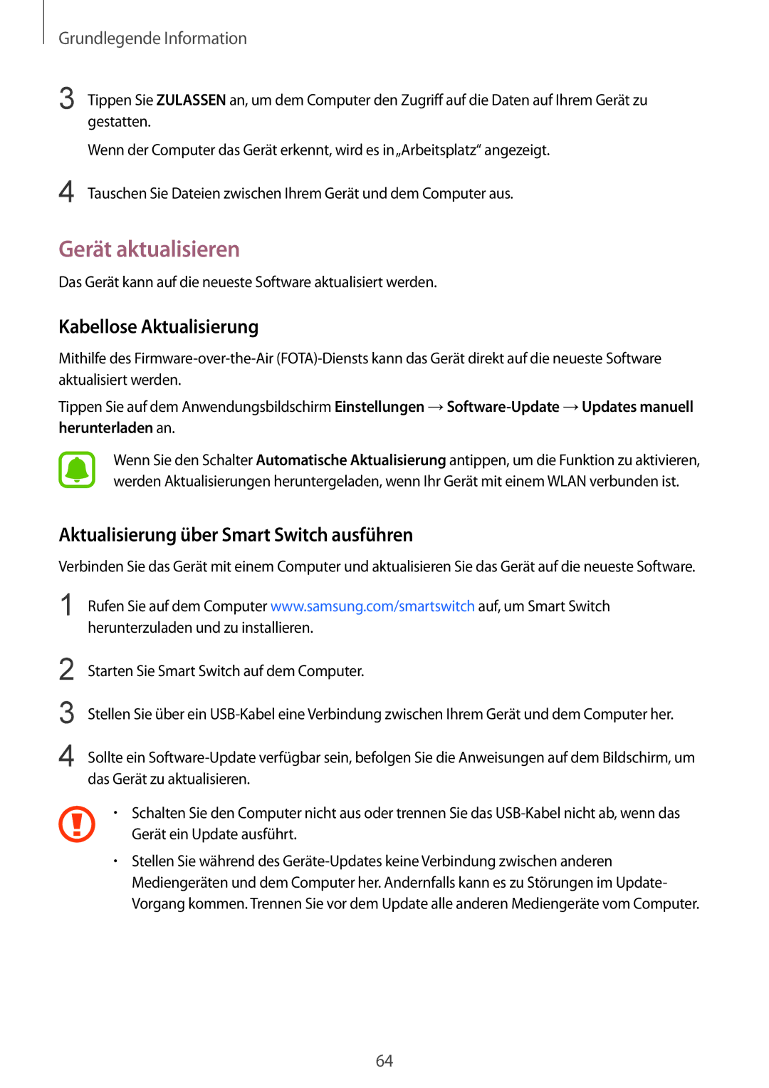 Samsung SM-G935FZWADBT manual Gerät aktualisieren, Kabellose Aktualisierung, Aktualisierung über Smart Switch ausführen 