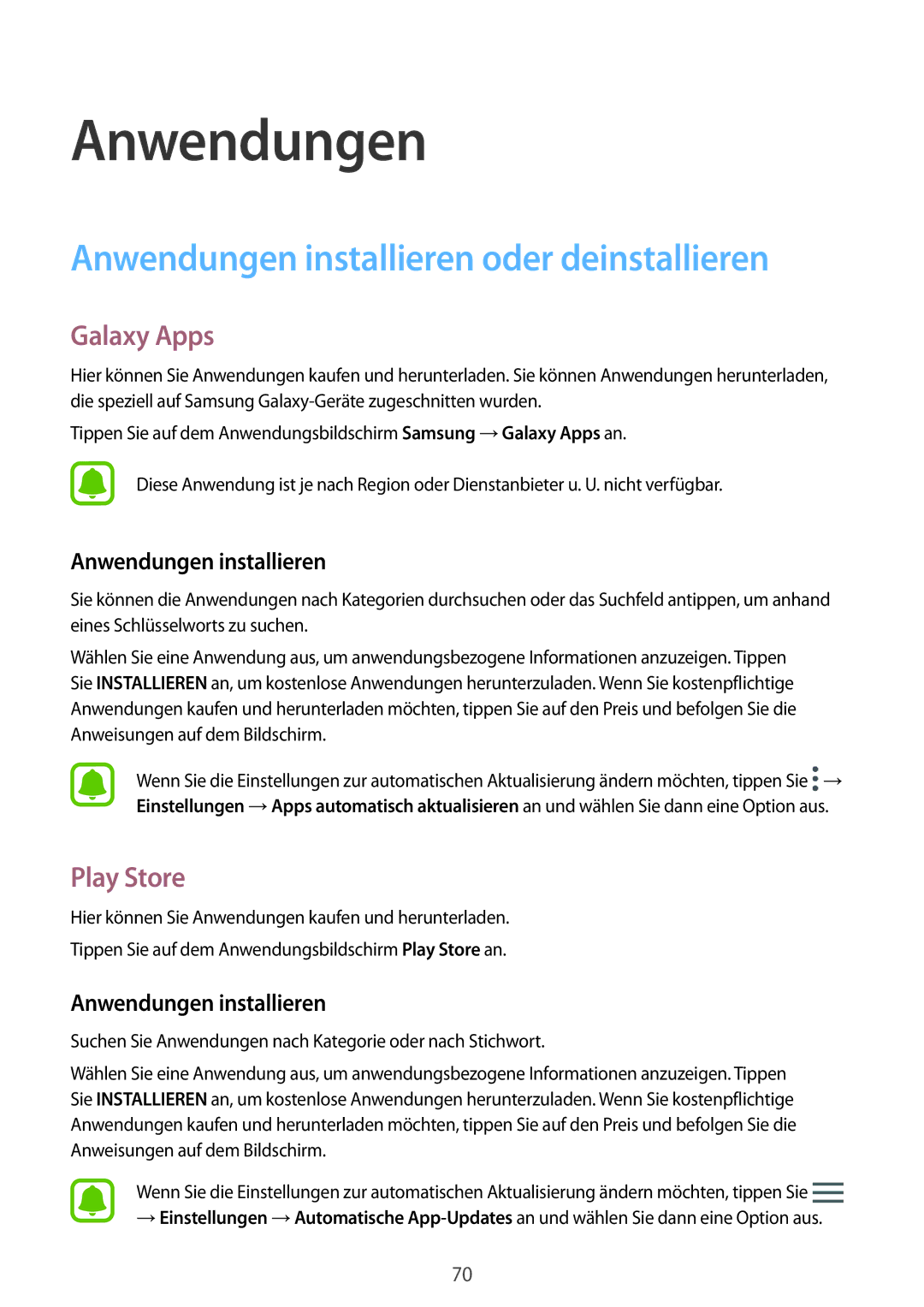 Samsung SM-G935FZWADBT, SM-G935FEDADBT manual Anwendungen installieren oder deinstallieren, Galaxy Apps, Play Store 