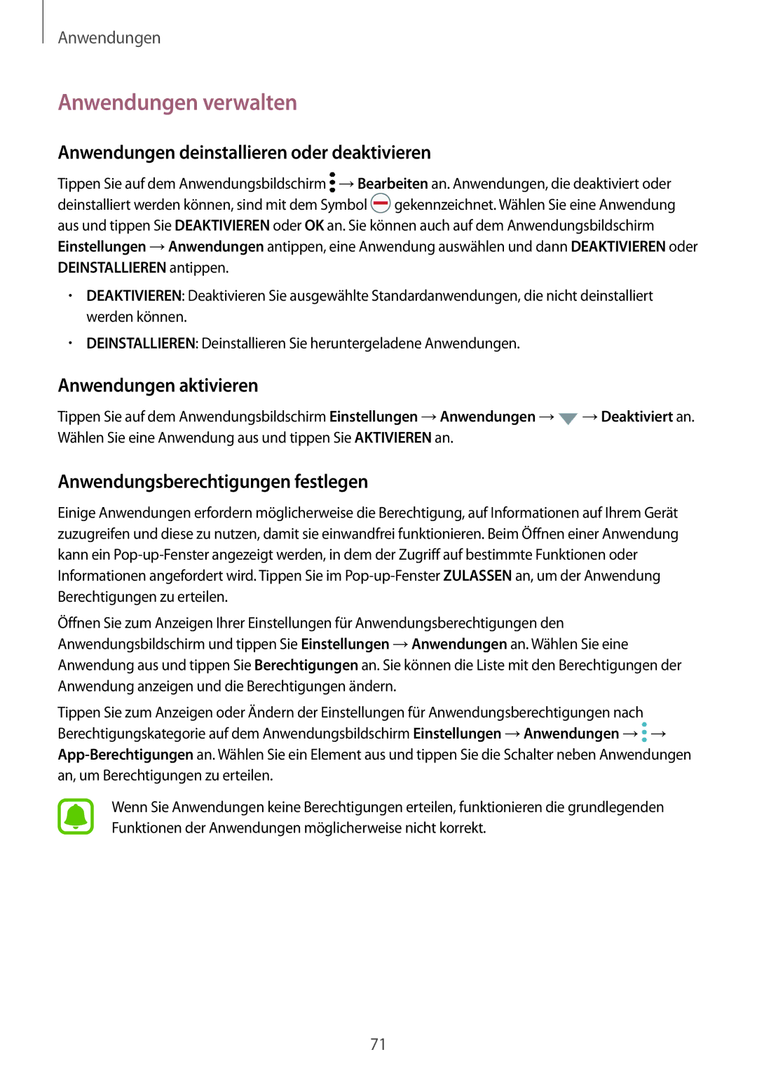 Samsung SM-G935FZDADBT manual Anwendungen verwalten, Anwendungen deinstallieren oder deaktivieren, Anwendungen aktivieren 