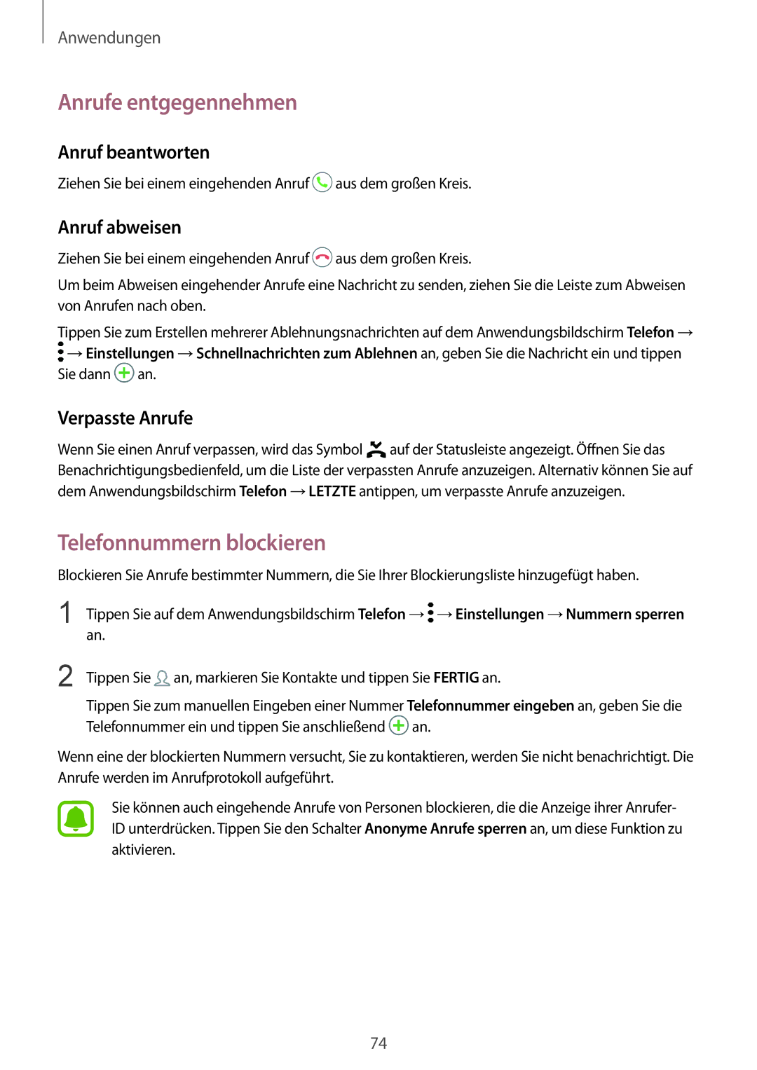 Samsung SM-G935FZSADBT, SM-G935FEDADBT Anrufe entgegennehmen, Telefonnummern blockieren, Anruf beantworten, Anruf abweisen 