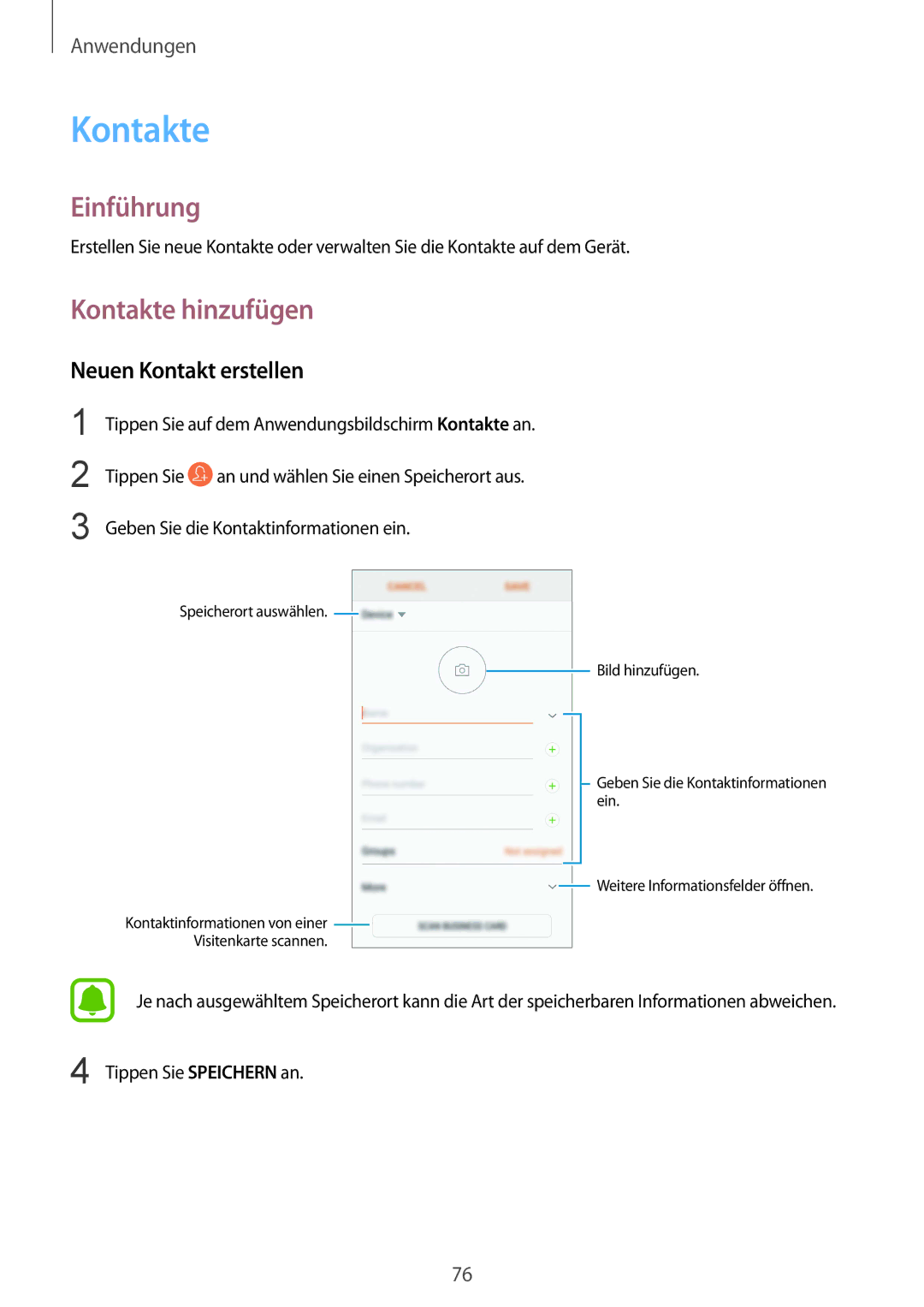 Samsung SM-G935FZWADBT, SM-G935FEDADBT, SM-G935FZKZDBT, SM-G935FZSADBT manual Kontakte hinzufügen, Neuen Kontakt erstellen 