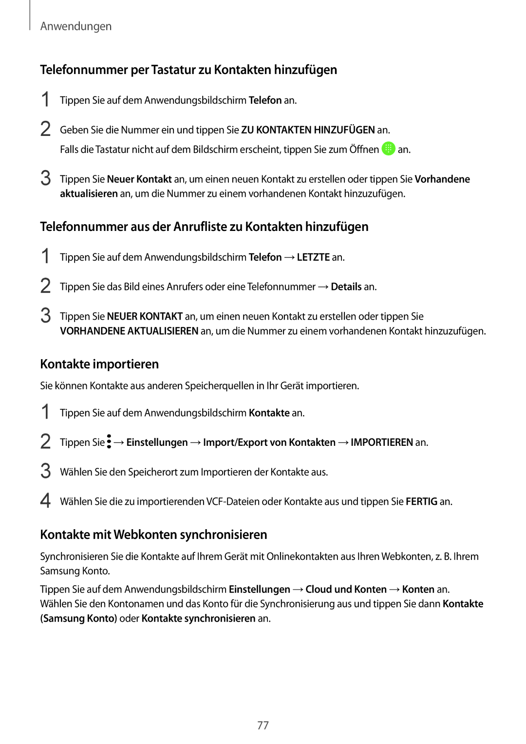 Samsung SM-G935FZDADBT, SM-G935FEDADBT manual Telefonnummer per Tastatur zu Kontakten hinzufügen, Kontakte importieren 