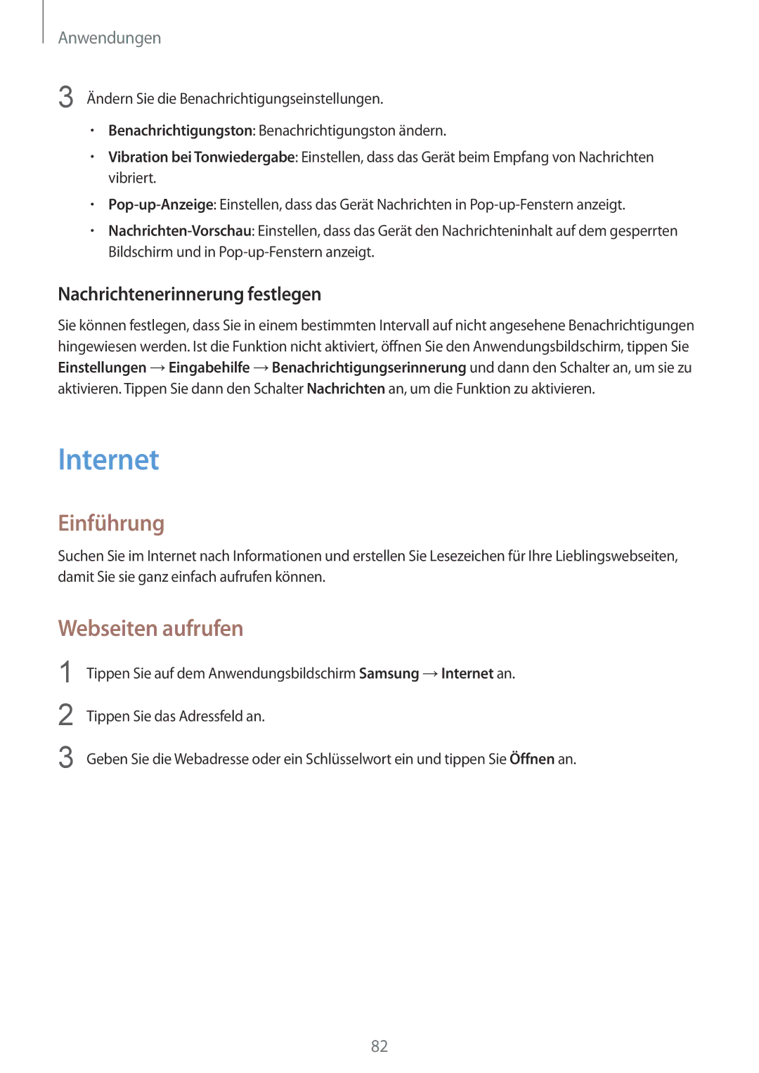 Samsung SM-G935FZWADBT, SM-G935FEDADBT, SM-G935FZKZDBT manual Internet, Webseiten aufrufen, Nachrichtenerinnerung festlegen 