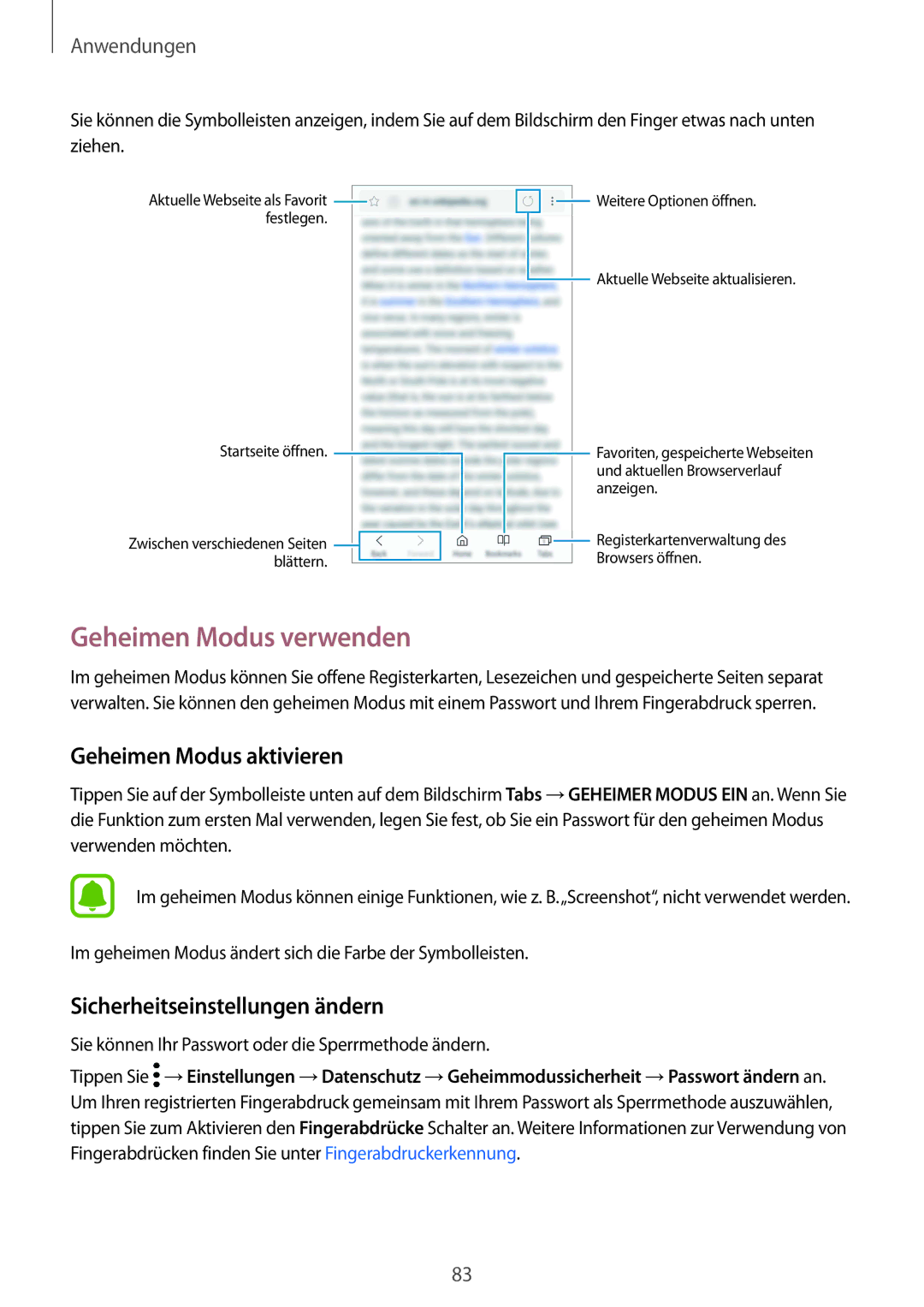 Samsung SM-G935FZDADBT manual Geheimen Modus verwenden, Geheimen Modus aktivieren, Sicherheitseinstellungen ändern 