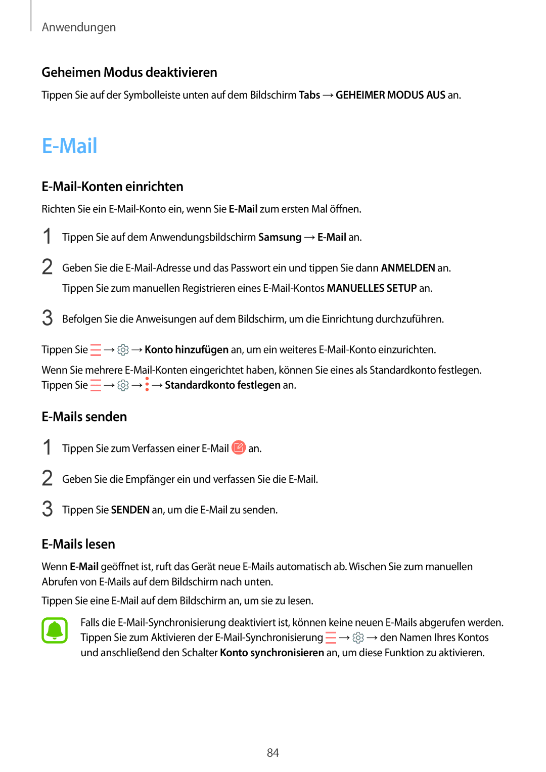 Samsung SM-G935FEDADBT, SM-G935FZKZDBT Geheimen Modus deaktivieren, Mail-Konten einrichten, Mails senden, Mails lesen 