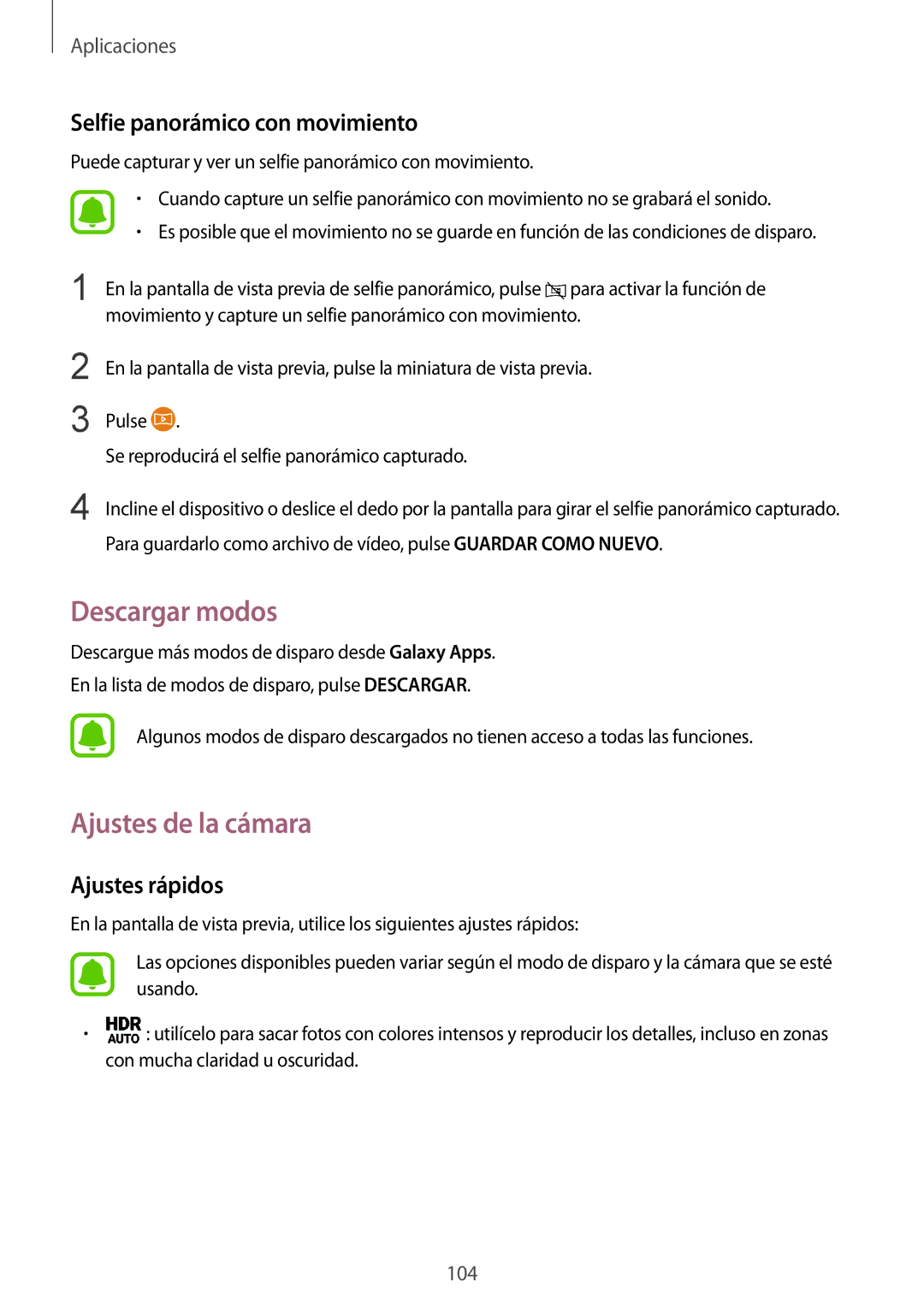 Samsung SM-G935FZSAPHE manual Descargar modos, Ajustes de la cámara, Selfie panorámico con movimiento, Ajustes rápidos 