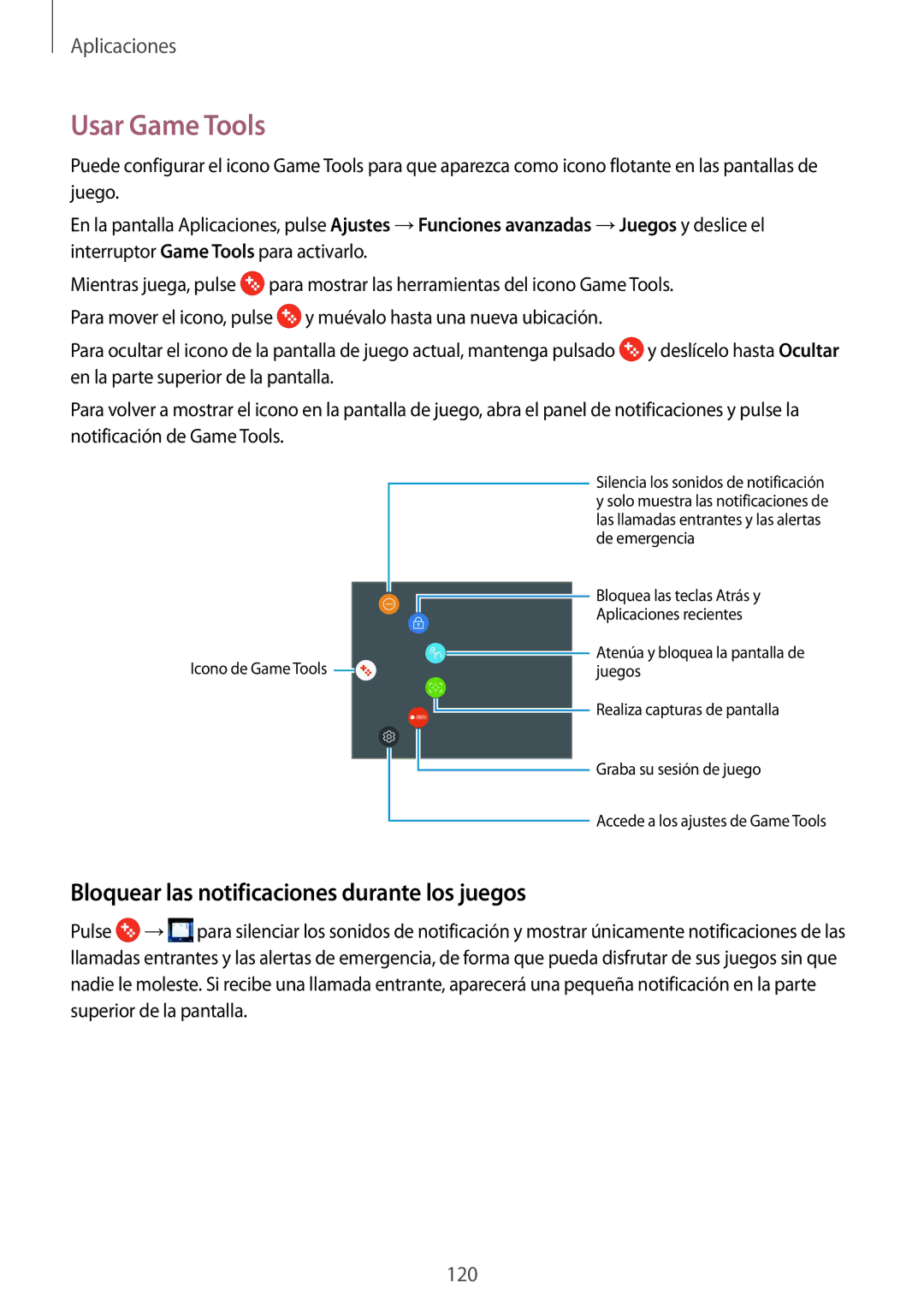 Samsung SM-G935FZBAPHE, SM-G935FZKAPHE, SM-G935FEDAPHE manual Usar Game Tools, Bloquear las notificaciones durante los juegos 
