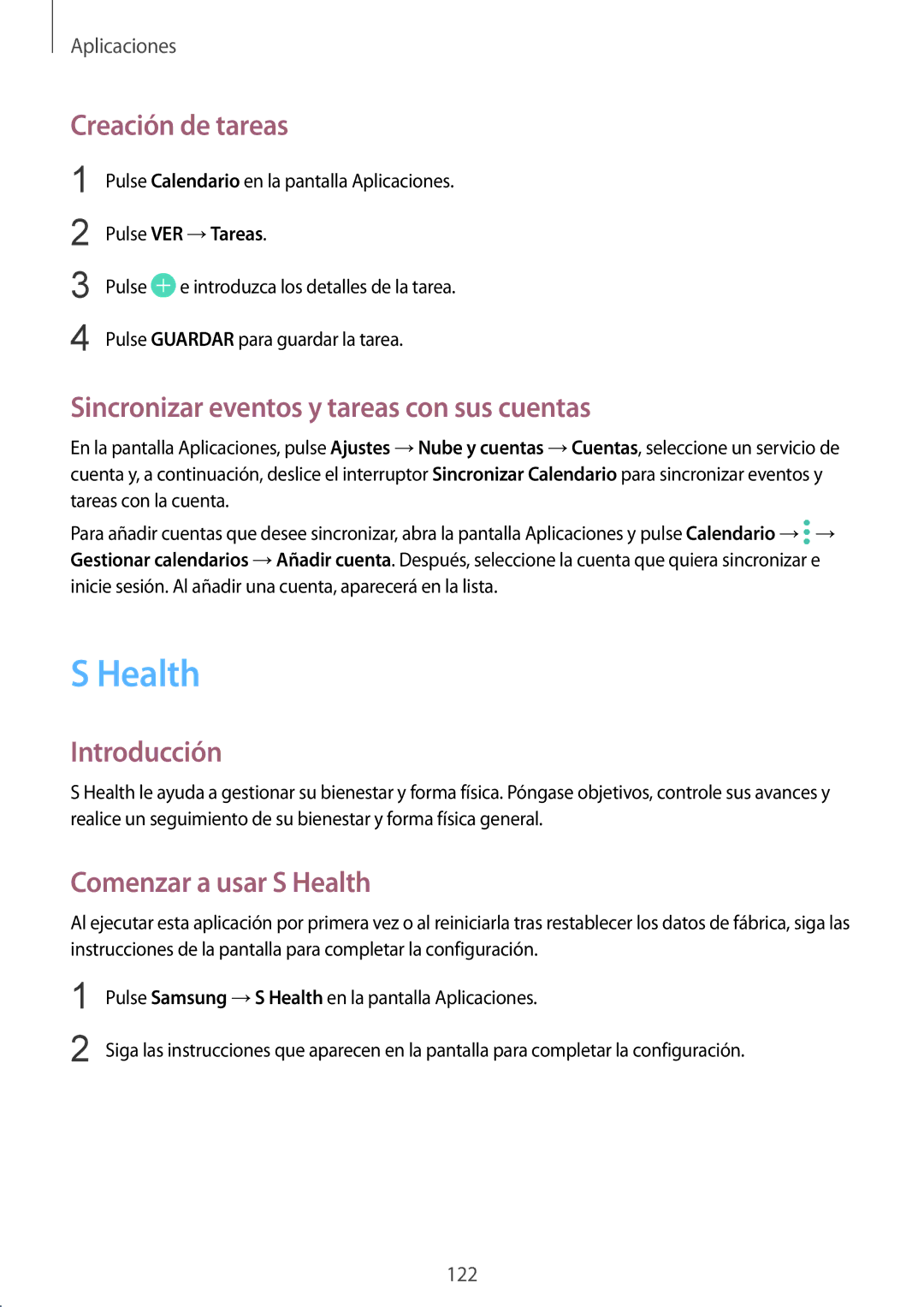 Samsung SM-G935FEDAPHE Creación de tareas, Sincronizar eventos y tareas con sus cuentas, Comenzar a usar S Health 