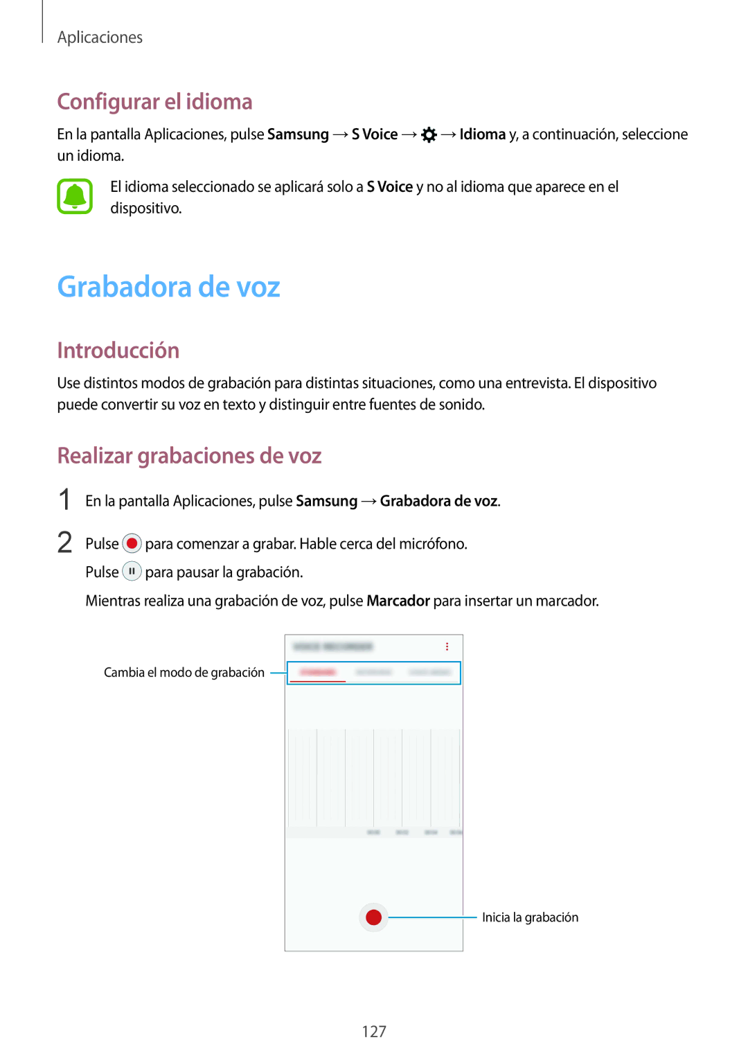 Samsung SM-G935FEDAPHE, SM-G935FZBAPHE, SM-G935FZKAPHE Grabadora de voz, Configurar el idioma, Realizar grabaciones de voz 