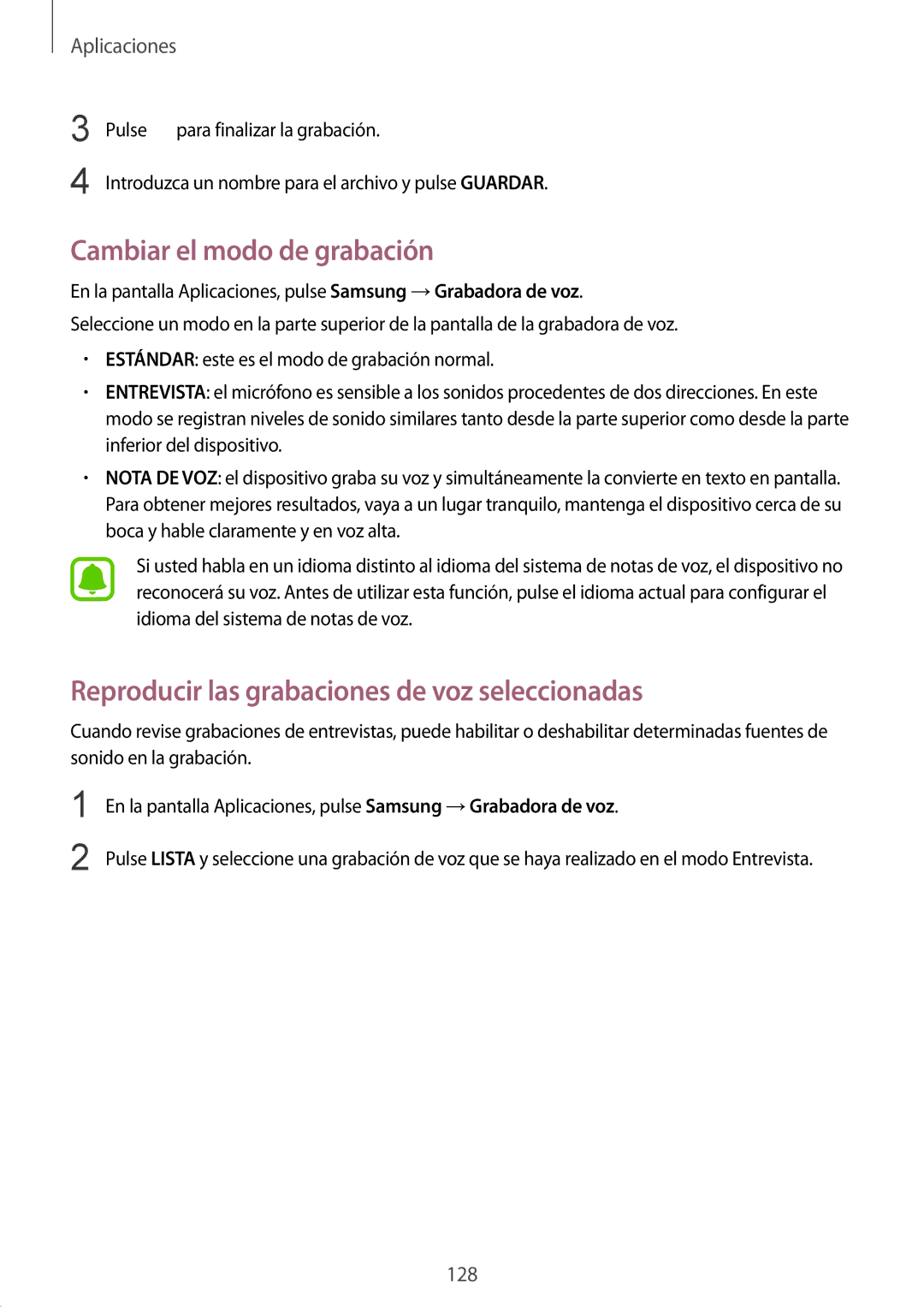 Samsung SM-G935FZDAPHE, SM-G935FZBAPHE manual Cambiar el modo de grabación, Reproducir las grabaciones de voz seleccionadas 