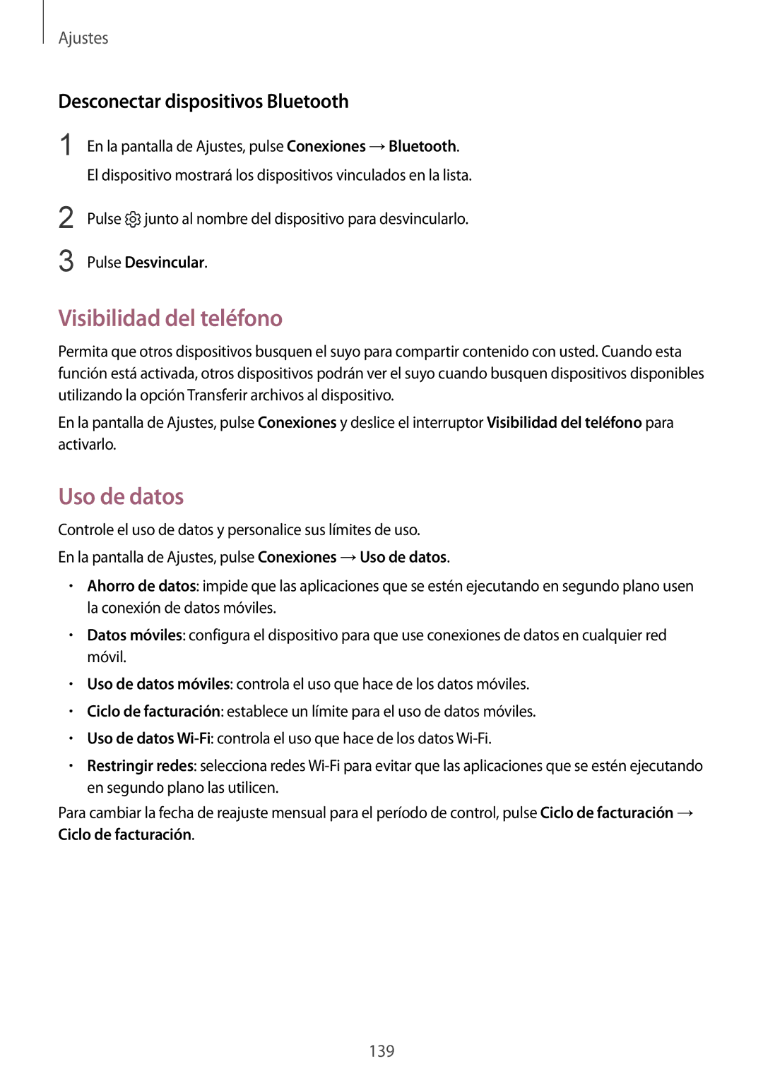 Samsung SM-G935FZSAPHE manual Visibilidad del teléfono, Uso de datos, Desconectar dispositivos Bluetooth, Pulse Desvincular 