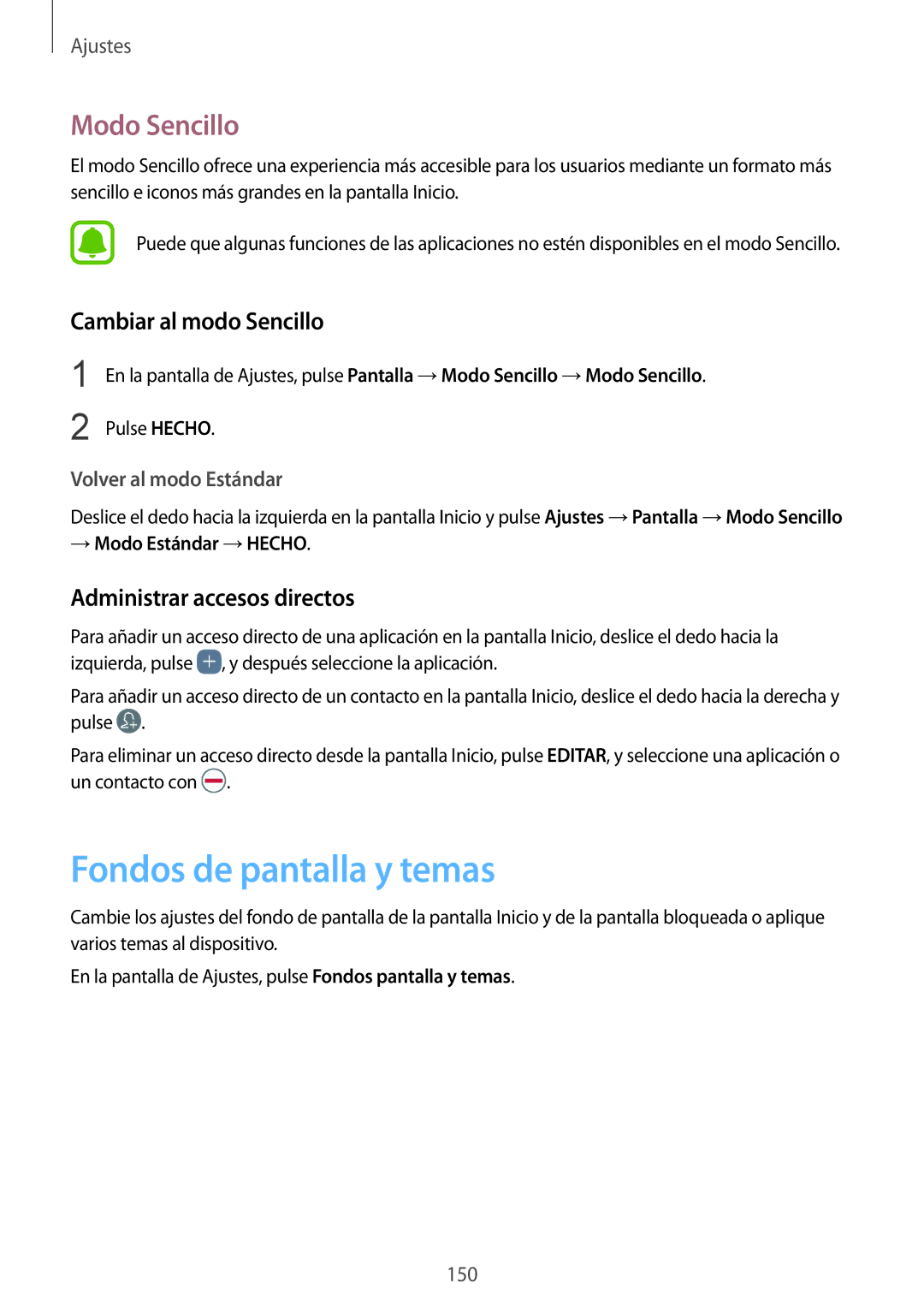 Samsung SM-G935FZBAPHE Fondos de pantalla y temas, Modo Sencillo, Cambiar al modo Sencillo, Administrar accesos directos 