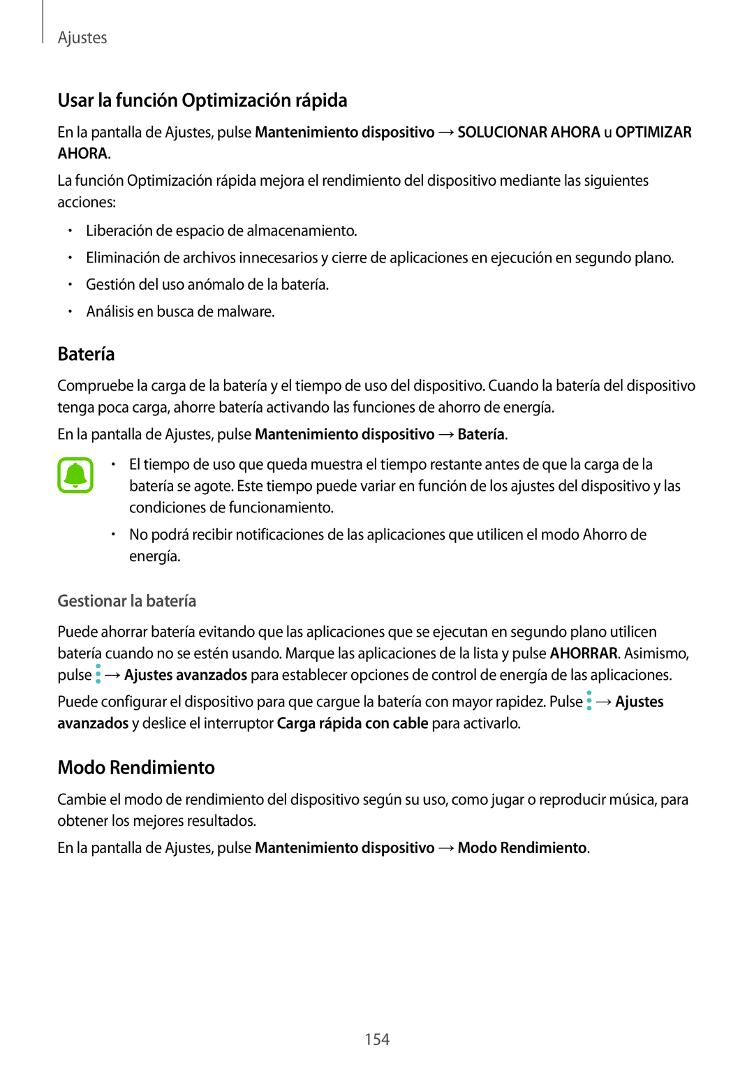 Samsung SM-G935FZSAPHE manual Usar la función Optimización rápida, Batería, Modo Rendimiento, Gestionar la batería 