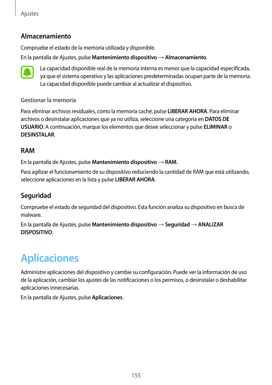 Samsung SM-G935FZBAPHE, SM-G935FZKAPHE, SM-G935FEDAPHE manual Aplicaciones, Almacenamiento, Seguridad, Gestionar la memoria 