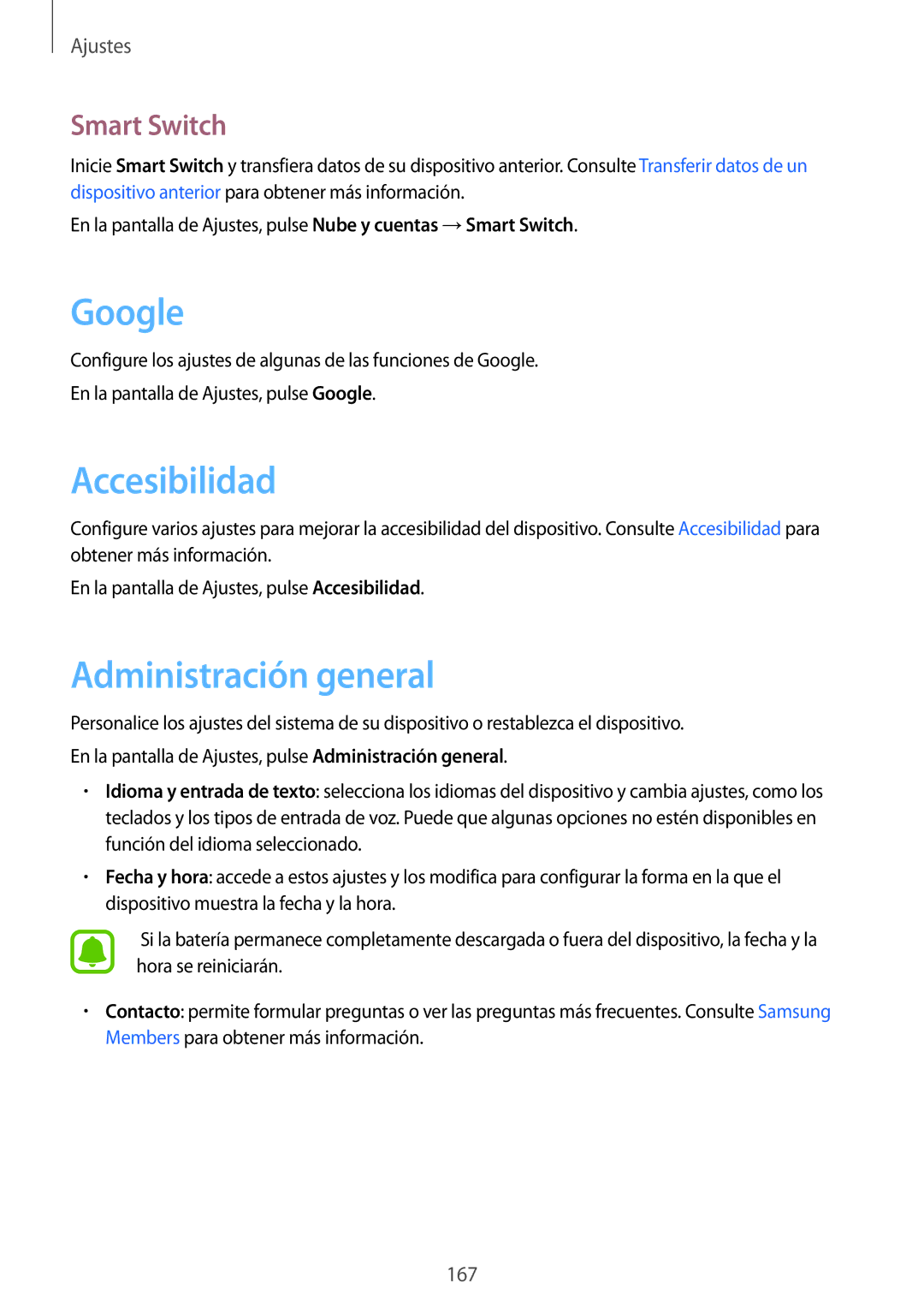Samsung SM-G935FEDAPHE, SM-G935FZBAPHE, SM-G935FZKAPHE manual Google, Accesibilidad, Administración general, Smart Switch 