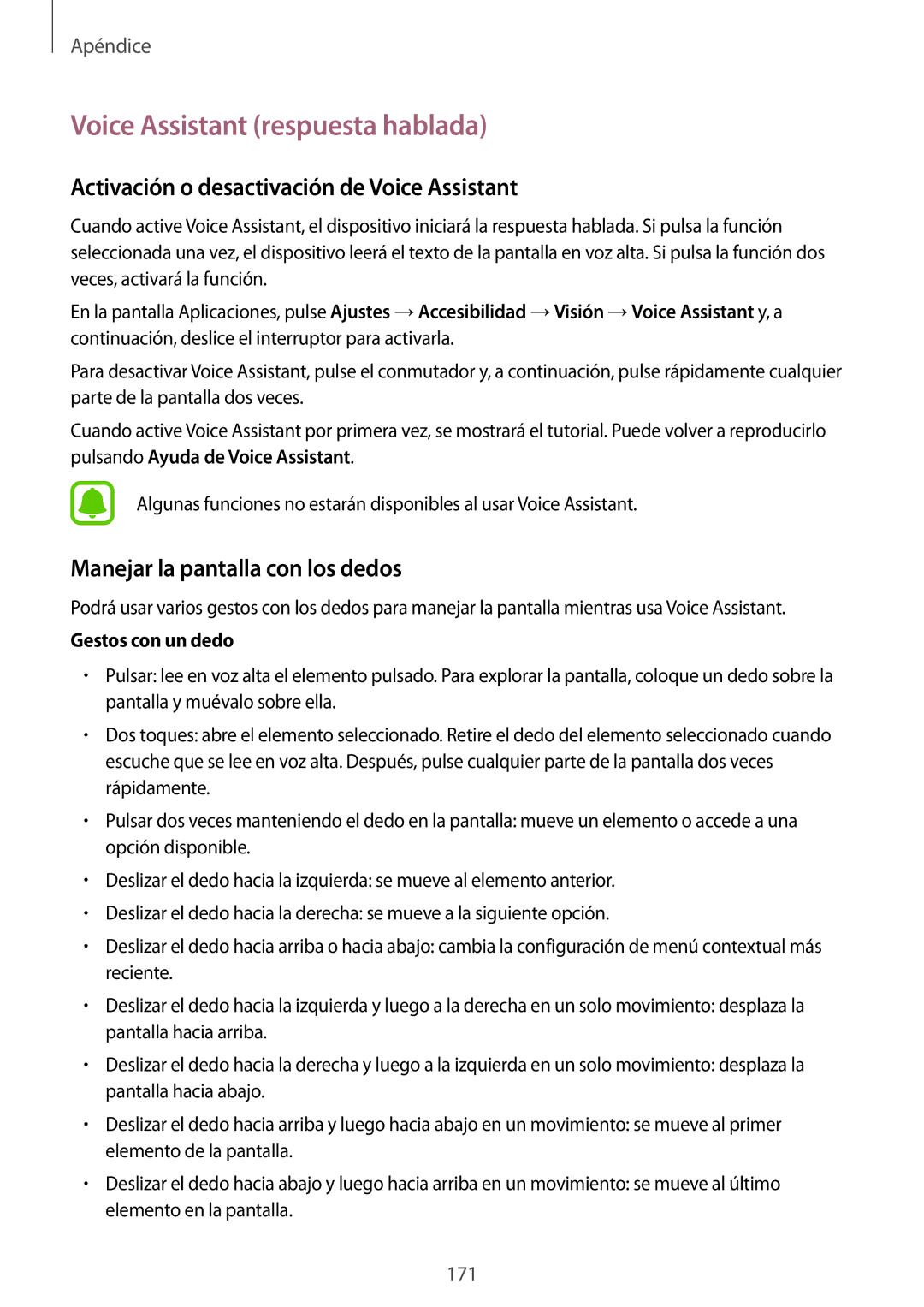 Samsung SM-G935FZKAPHE, SM-G935FZBAPHE Voice Assistant respuesta hablada, Activación o desactivación de Voice Assistant 