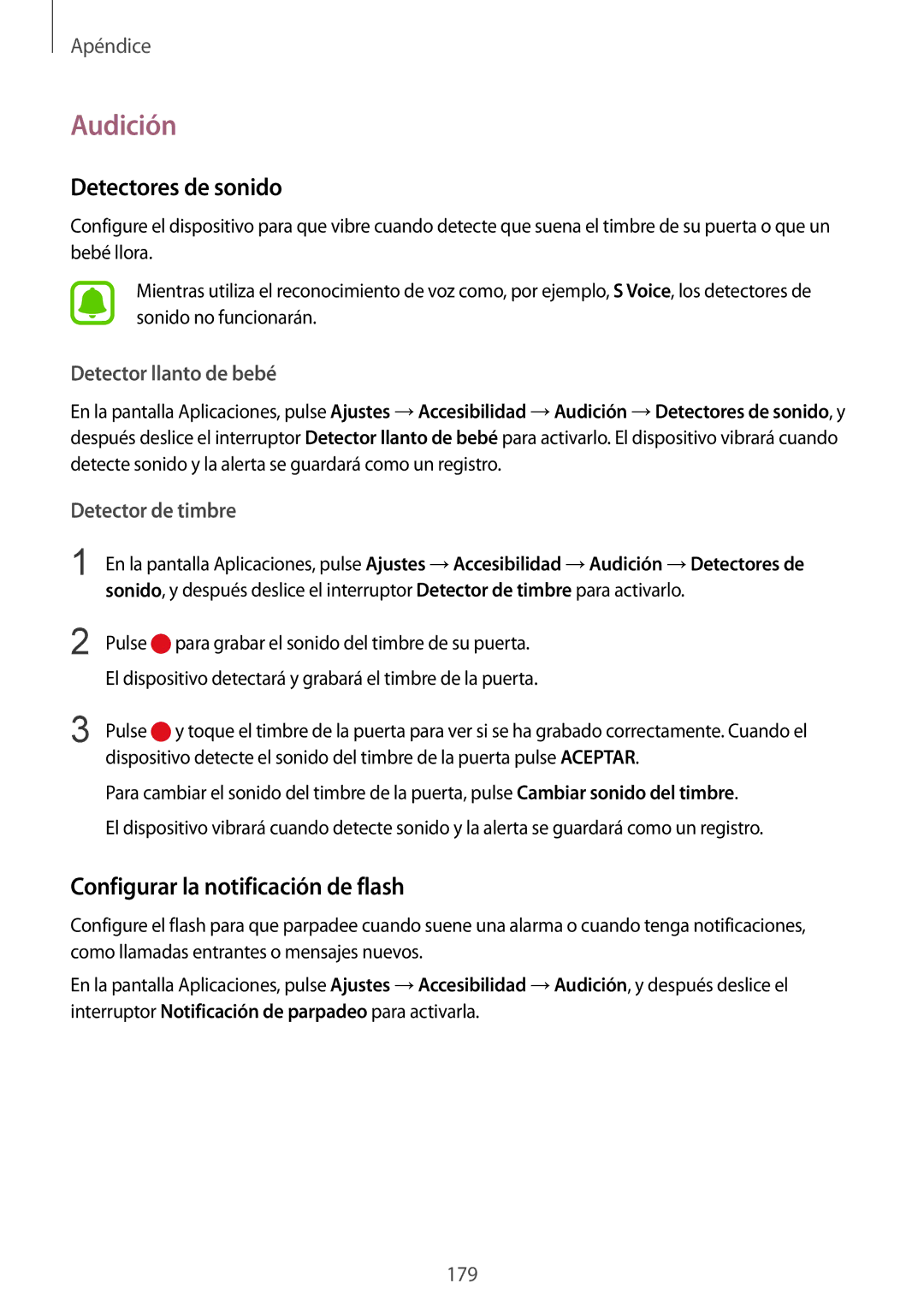 Samsung SM-G935FZSAPHE manual Audición, Detectores de sonido, Configurar la notificación de flash, Detector llanto de bebé 