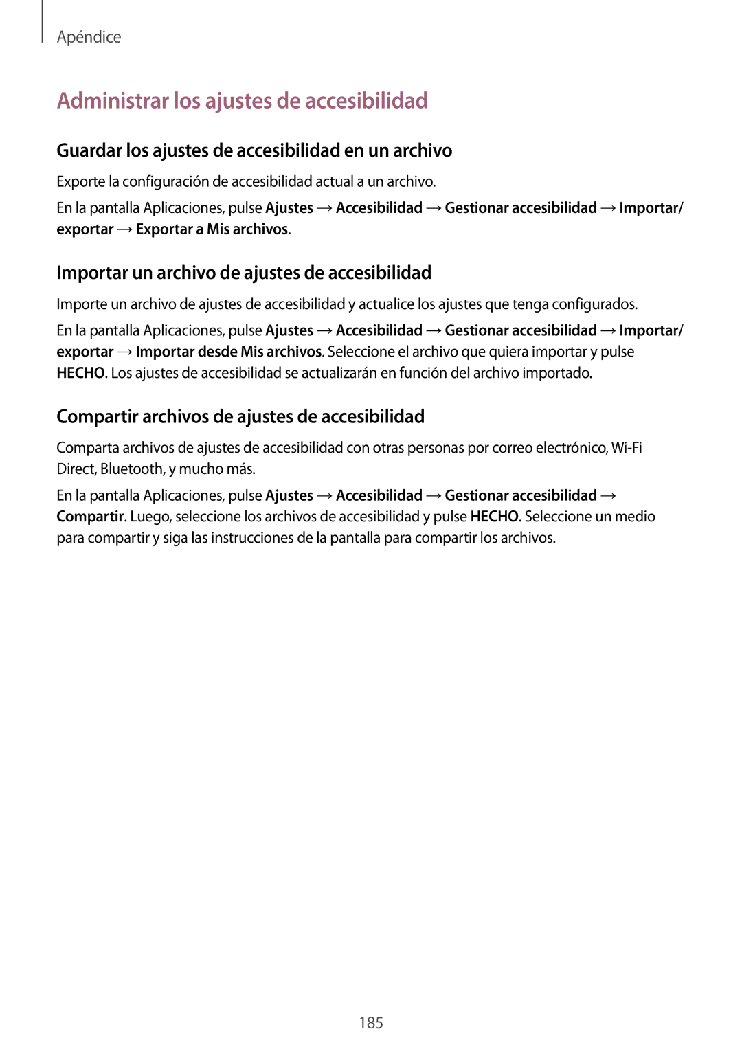 Samsung SM-G935FZBAPHE manual Administrar los ajustes de accesibilidad, Guardar los ajustes de accesibilidad en un archivo 