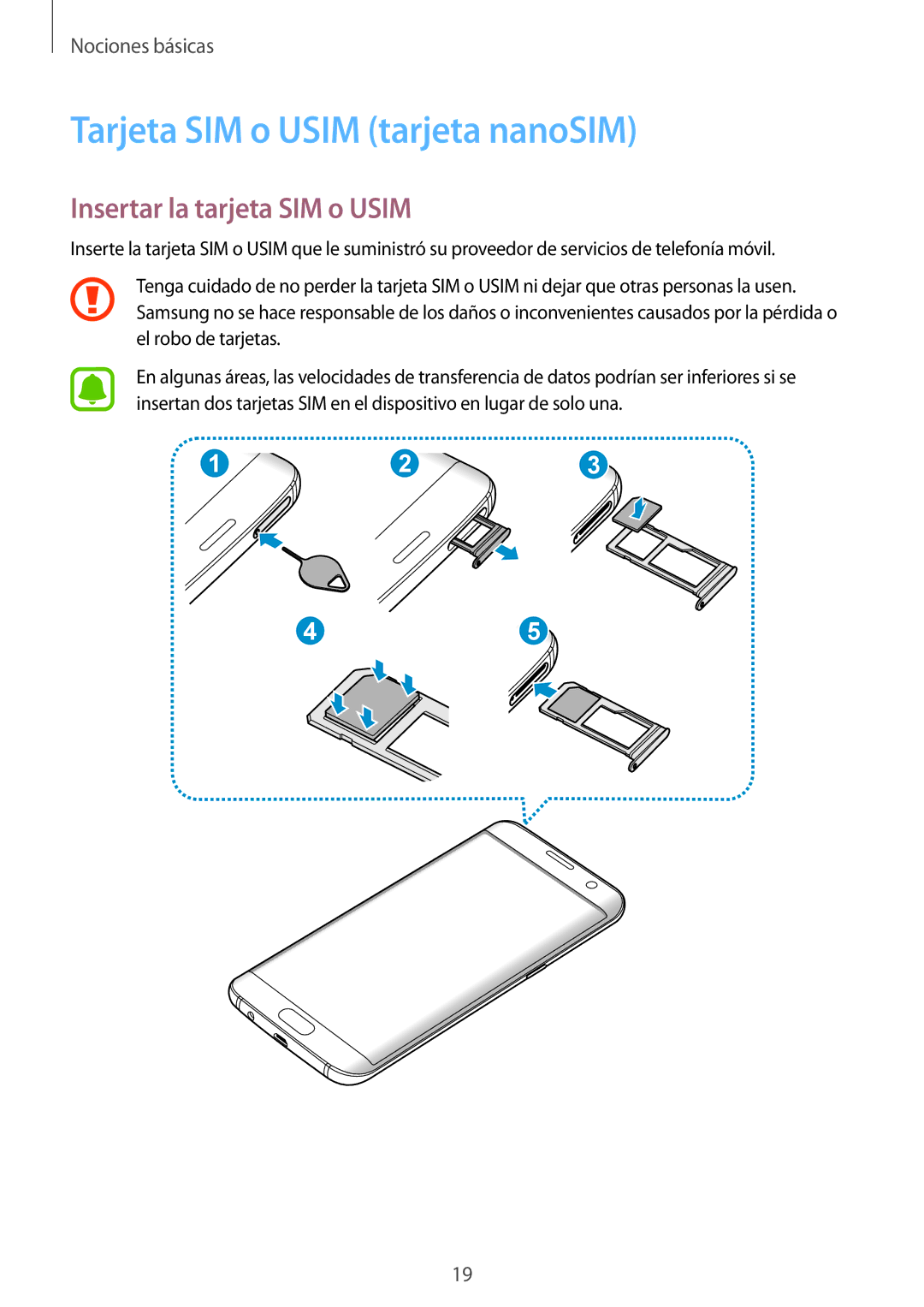 Samsung SM-G935FZSAPHE, SM-G935FZBAPHE, SM-G935FZKAPHE Tarjeta SIM o Usim tarjeta nanoSIM, Insertar la tarjeta SIM o Usim 