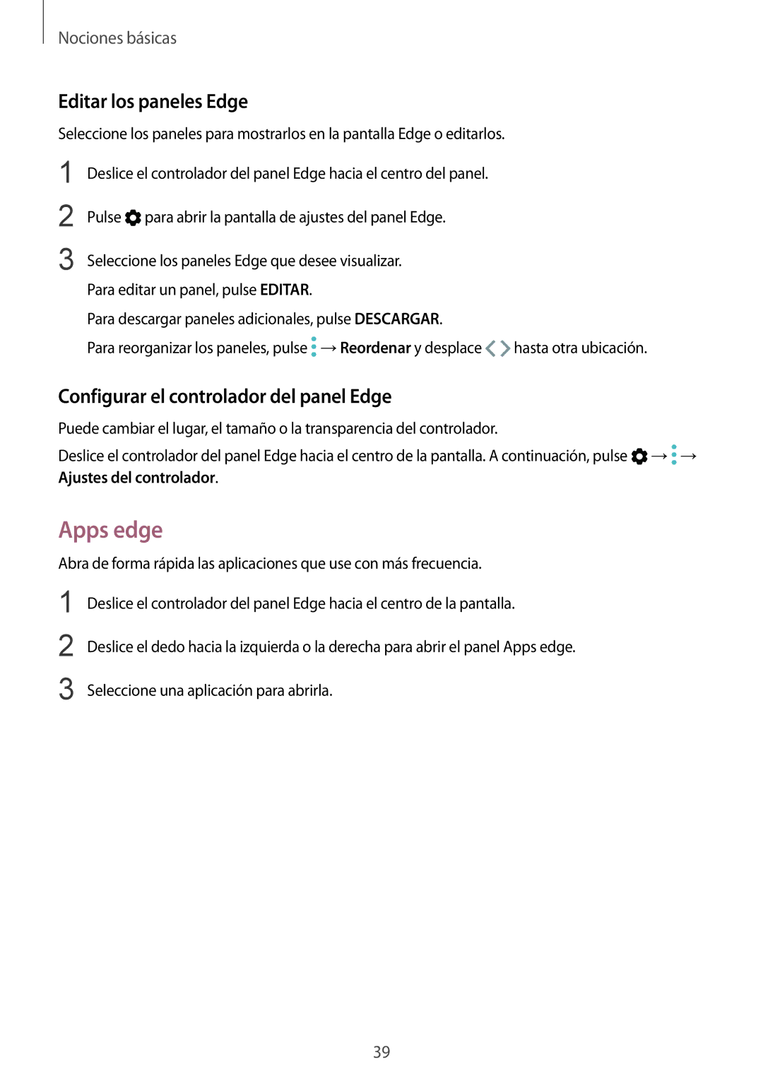 Samsung SM-G935FZSAPHE, SM-G935FZBAPHE manual Apps edge, Editar los paneles Edge, Configurar el controlador del panel Edge 