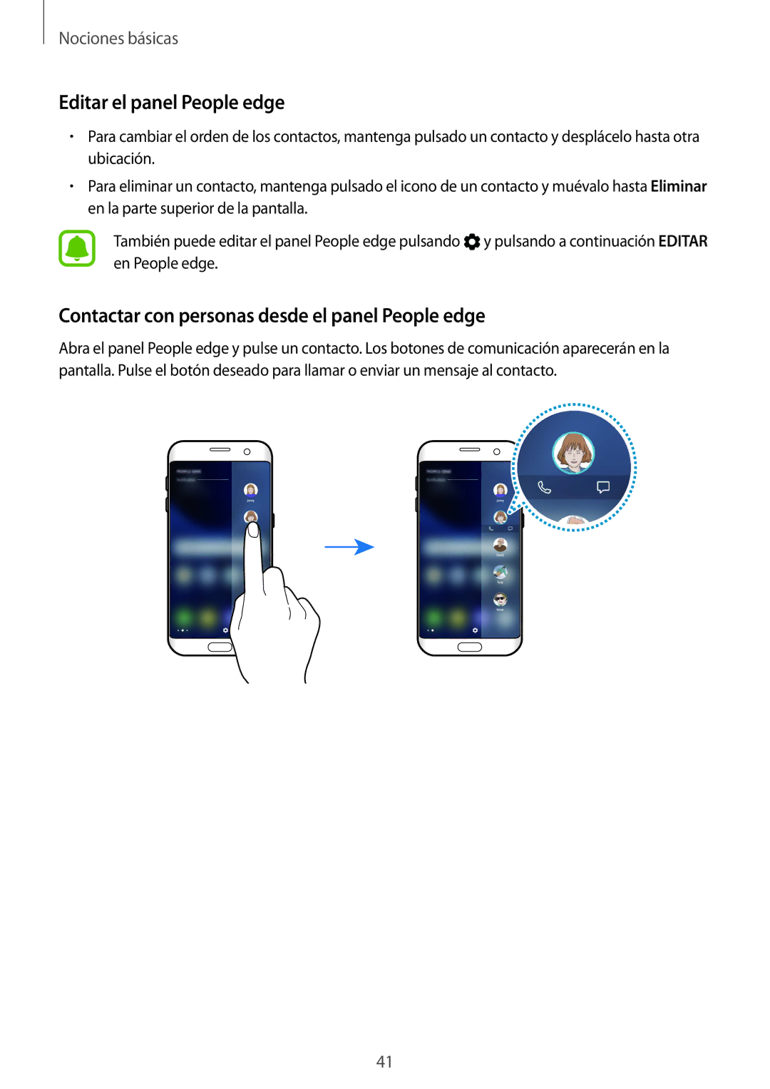 Samsung SM-G935FZKAPHE, SM-G935FZBAPHE manual Editar el panel People edge, Contactar con personas desde el panel People edge 