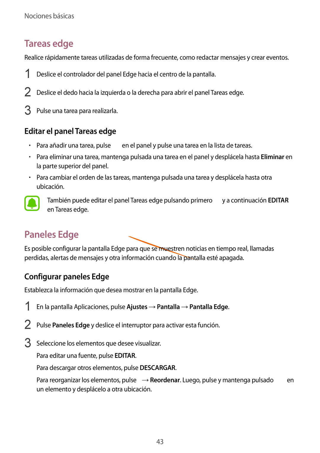 Samsung SM-G935FZDAPHE, SM-G935FZBAPHE manual Paneles Edge, Editar el panel Tareas edge, Configurar paneles Edge 