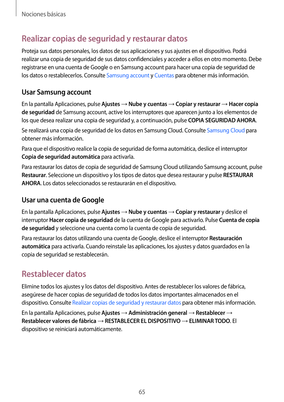 Samsung SM-G935FZBAPHE manual Realizar copias de seguridad y restaurar datos, Restablecer datos, Usar Samsung account 