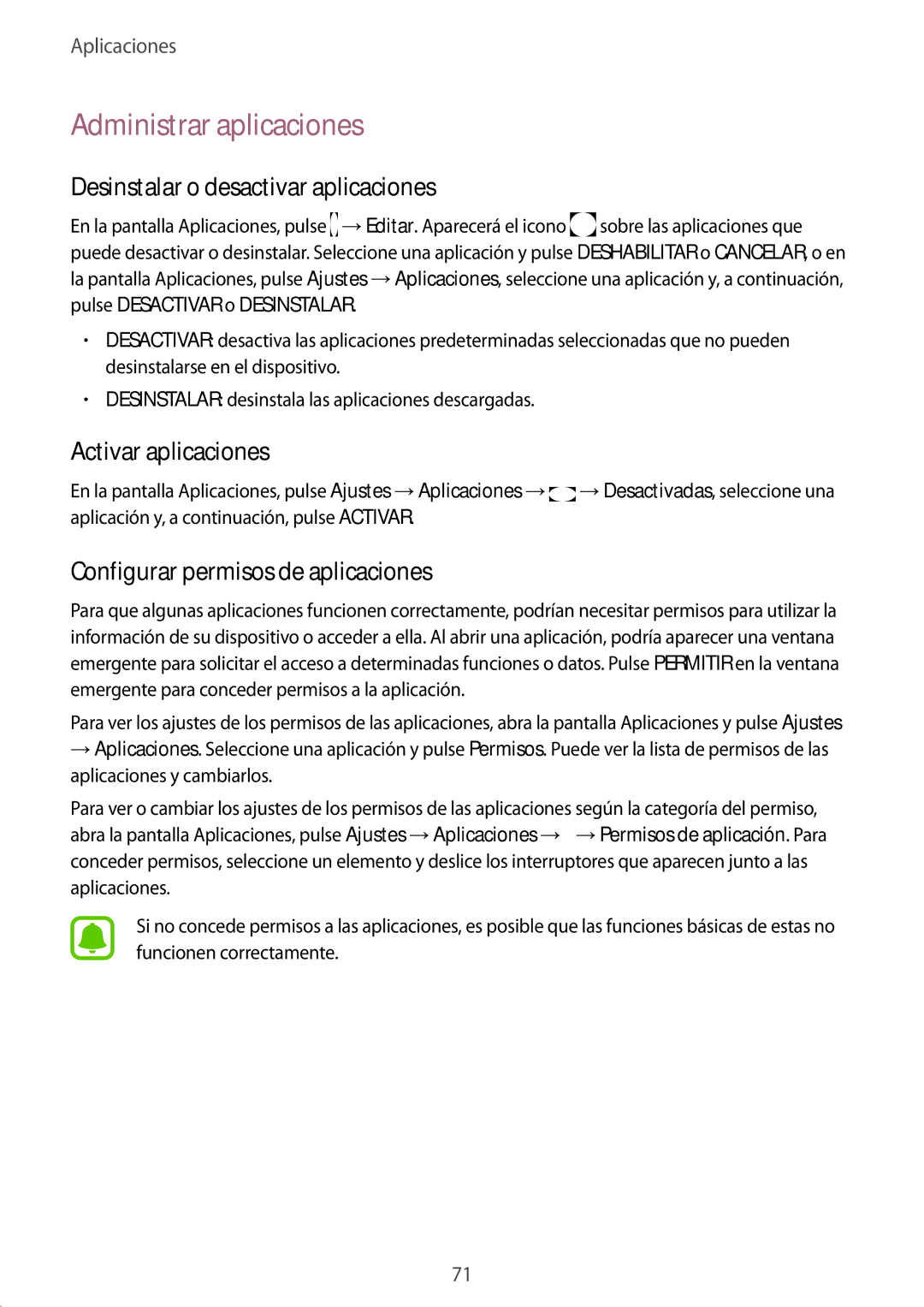 Samsung SM-G935FZKAPHE manual Administrar aplicaciones, Desinstalar o desactivar aplicaciones, Activar aplicaciones 