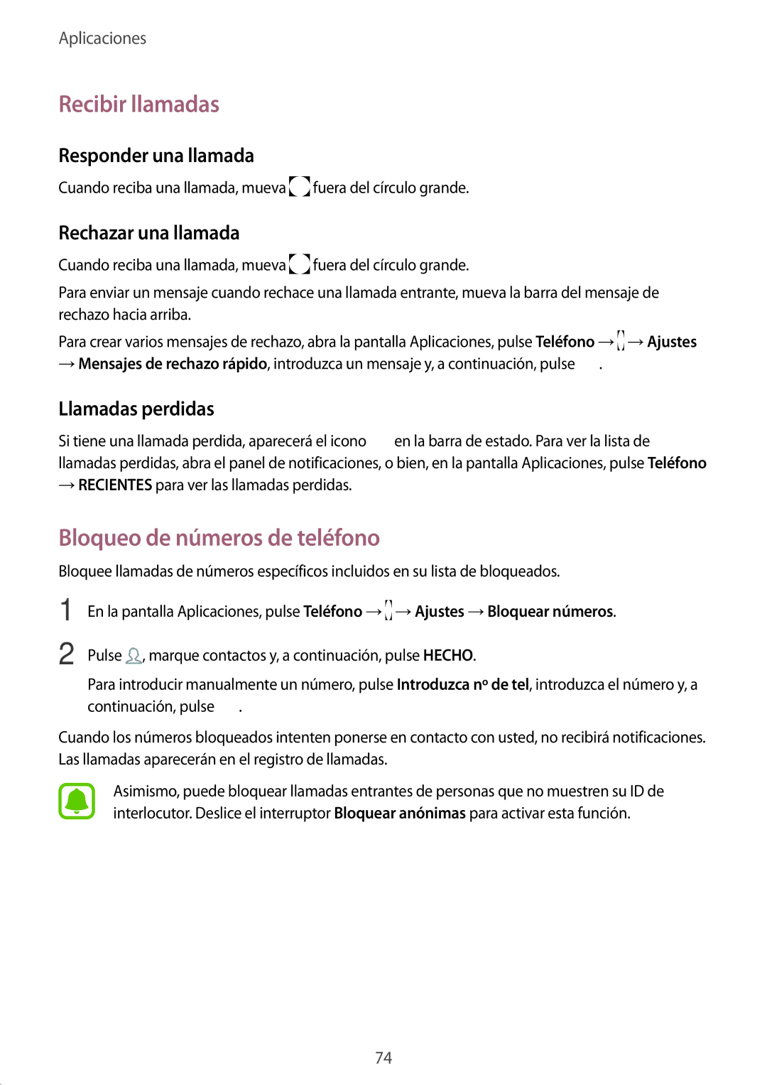 Samsung SM-G935FZSAPHE manual Recibir llamadas, Bloqueo de números de teléfono, Responder una llamada, Rechazar una llamada 