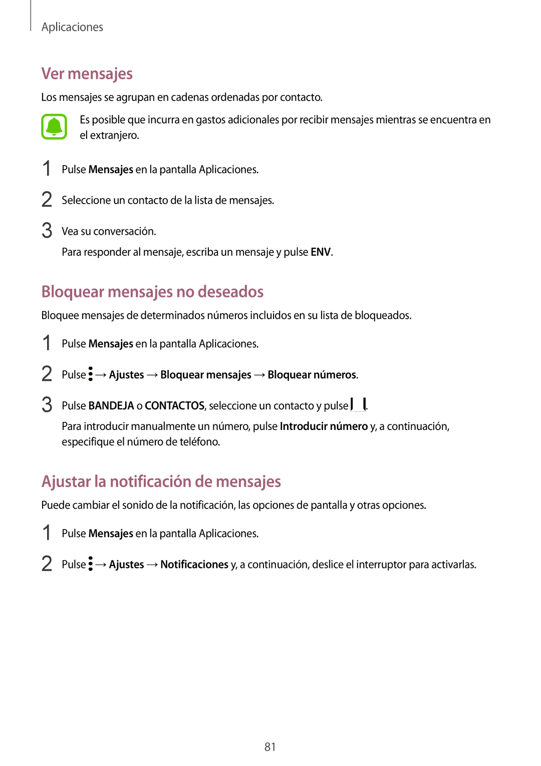 Samsung SM-G935FZKAPHE, SM-G935FZBAPHE Ver mensajes, Bloquear mensajes no deseados, Ajustar la notificación de mensajes 