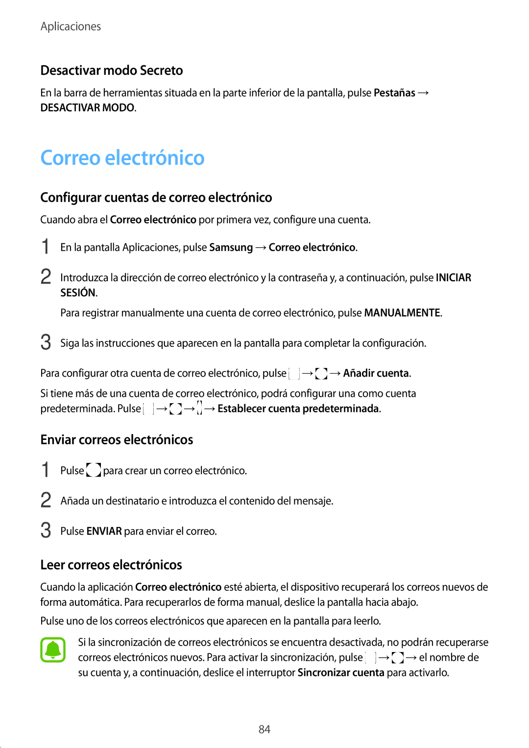 Samsung SM-G935FZSAPHE manual Correo electrónico, Desactivar modo Secreto, Configurar cuentas de correo electrónico 