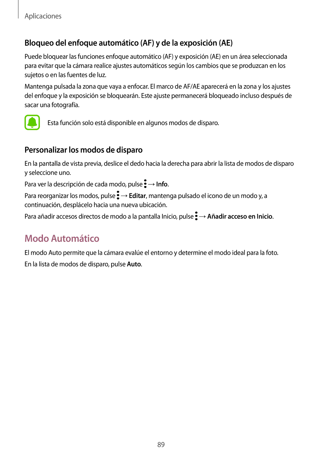 Samsung SM-G935FZSAPHE, SM-G935FZBAPHE manual Modo Automático, Bloqueo del enfoque automático AF y de la exposición AE 