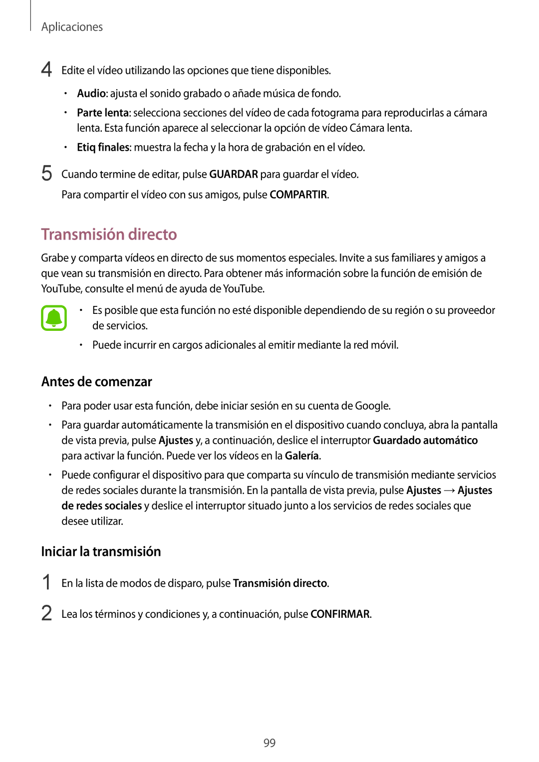 Samsung SM-G935FZSAPHE, SM-G935FZBAPHE, SM-G935FZKAPHE manual Transmisión directo, Antes de comenzar, Iniciar la transmisión 