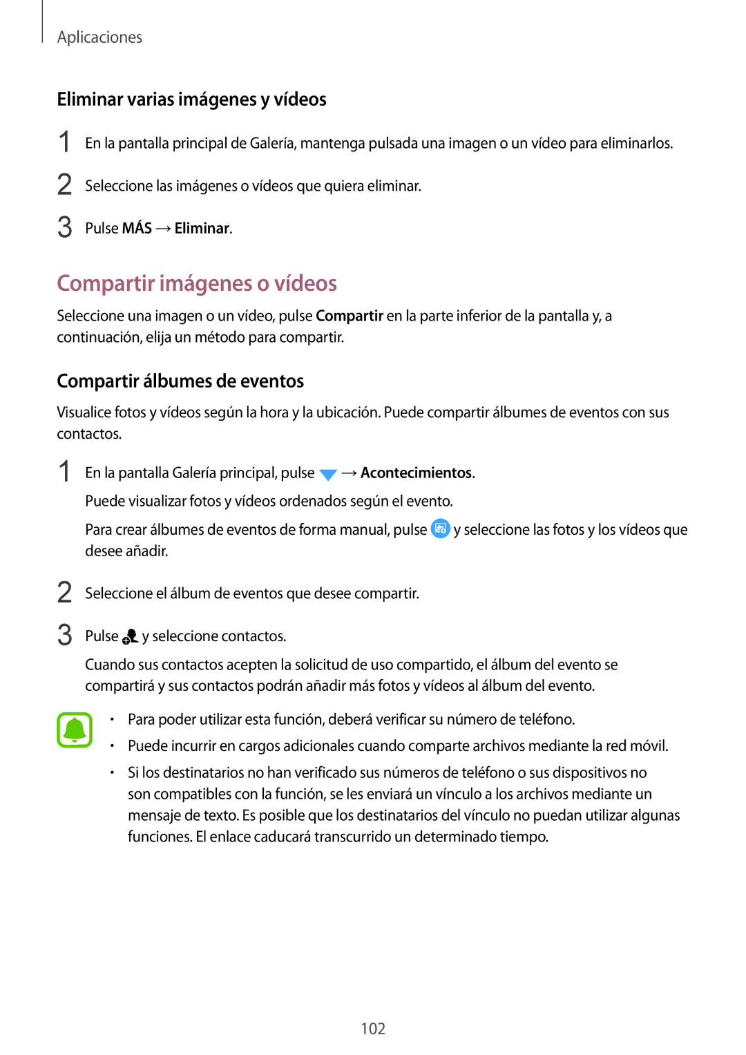 Samsung SM-G935FEDAPHE manual Compartir imágenes o vídeos, Eliminar varias imágenes y vídeos, Compartir álbumes de eventos 