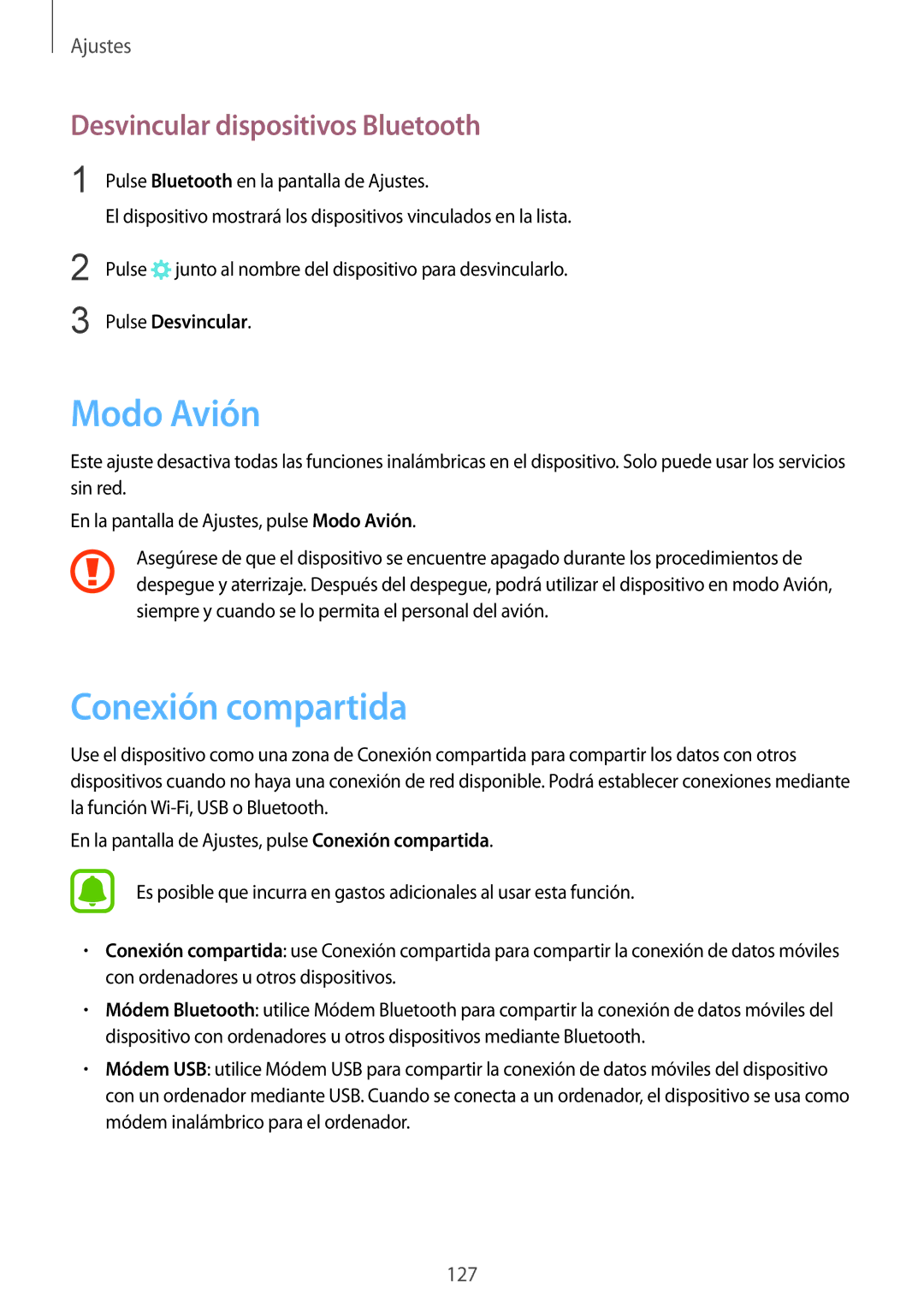 Samsung SM-G935FEDAPHE manual Modo Avión, Conexión compartida, Desvincular dispositivos Bluetooth, Pulse Desvincular 