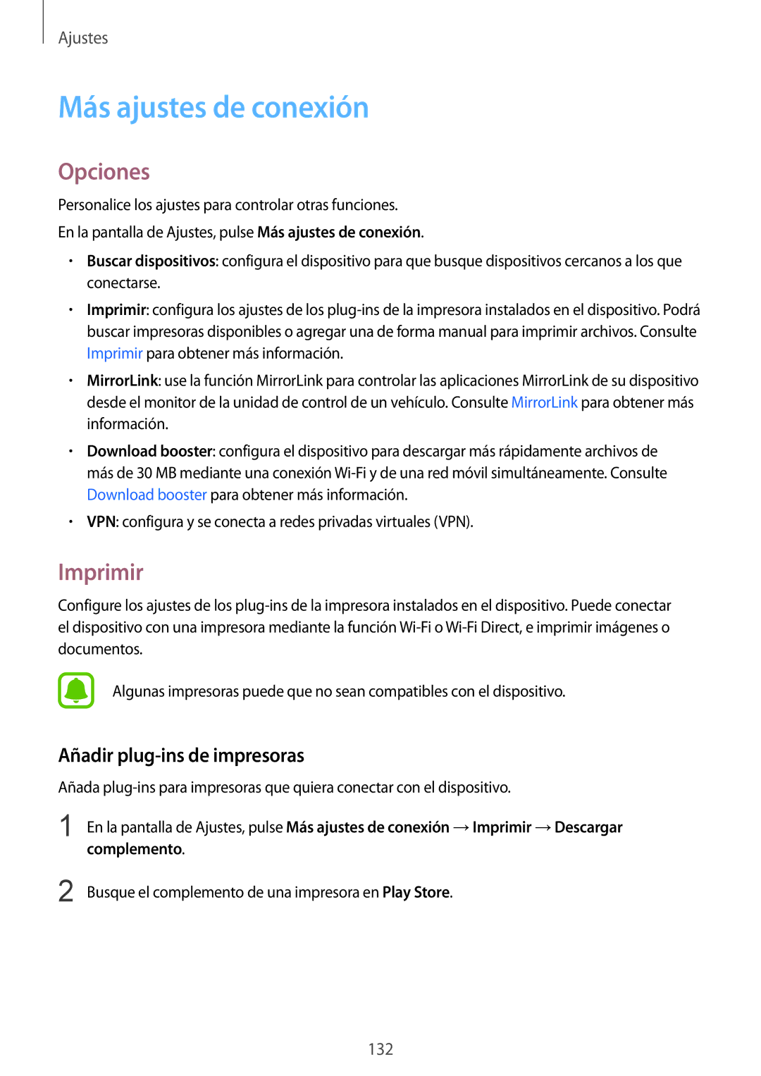 Samsung SM-G935FEDAPHE, SM-G935FZBAPHE manual Más ajustes de conexión, Opciones, Imprimir, Añadir plug-ins de impresoras 