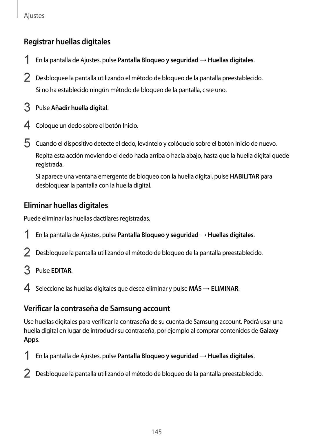 Samsung SM-G935FZBAPHE Registrar huellas digitales, Eliminar huellas digitales, Verificar la contraseña de Samsung account 