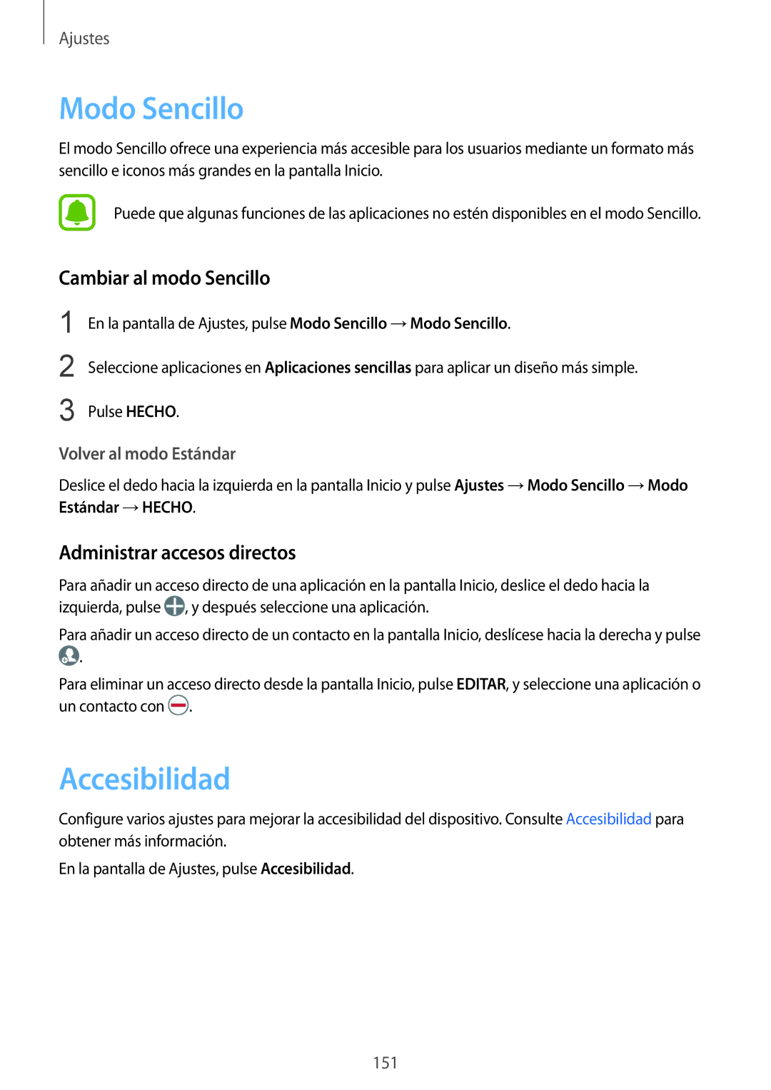 Samsung SM-G935FZKAPHE manual Modo Sencillo, Accesibilidad, Cambiar al modo Sencillo, Administrar accesos directos 