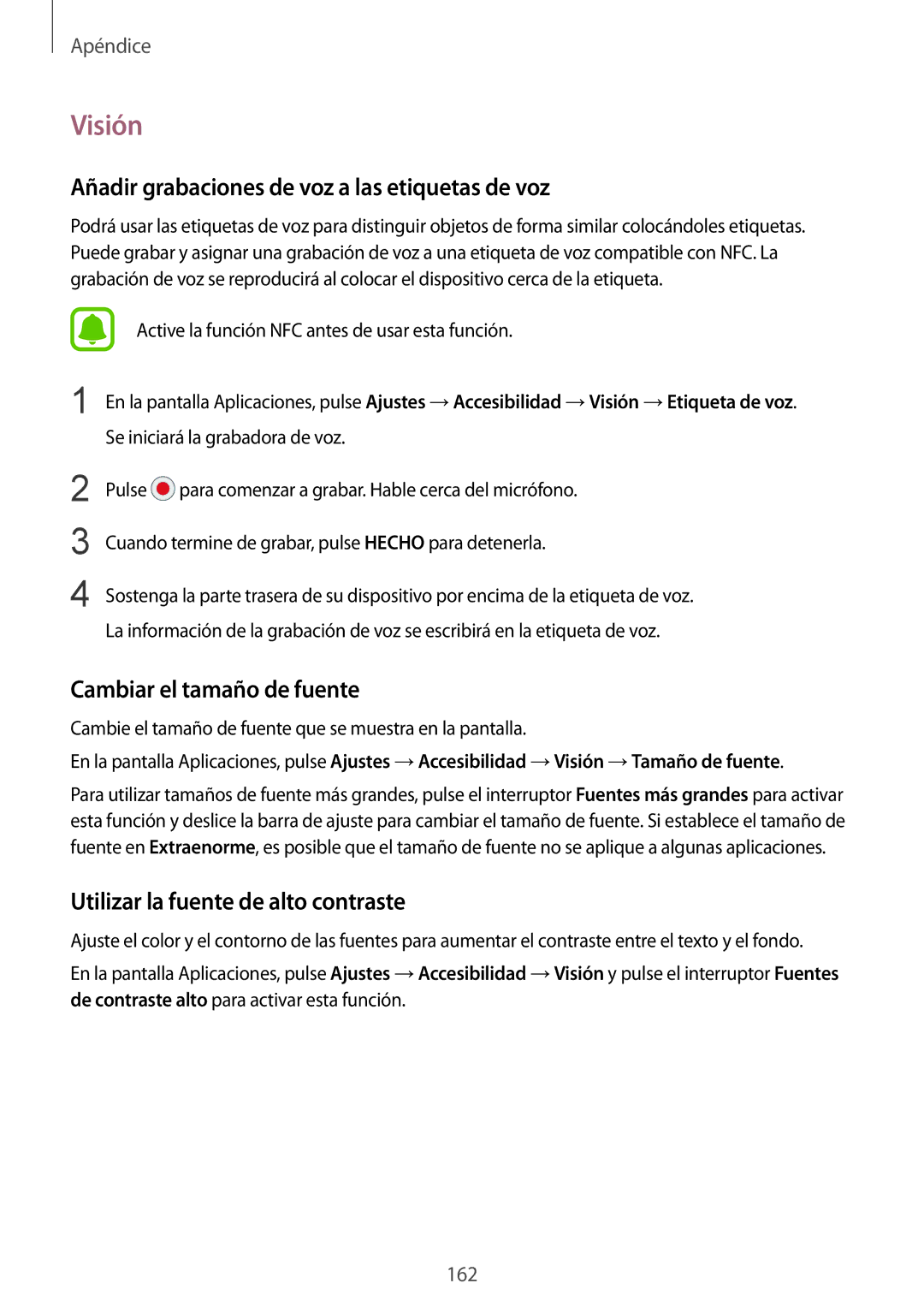 Samsung SM-G935FEDAPHE manual Visión, Añadir grabaciones de voz a las etiquetas de voz, Cambiar el tamaño de fuente 