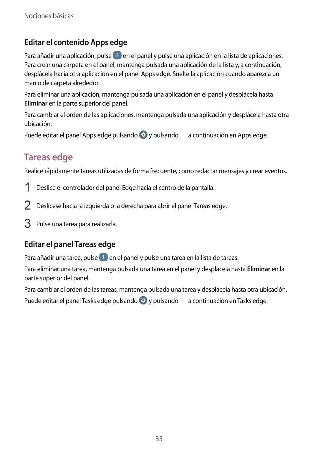 Samsung SM-G935FZBAPHE, SM-G935FZKAPHE, SM-G935FEDAPHE manual Editar el contenido Apps edge, Editar el panel Tareas edge 