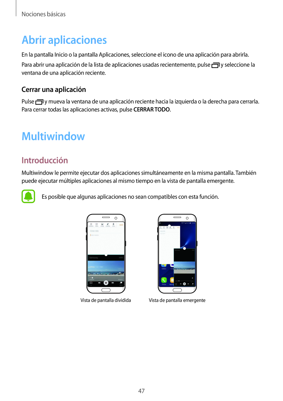 Samsung SM-G935FEDAPHE, SM-G935FZBAPHE, SM-G935FZKAPHE manual Abrir aplicaciones, Multiwindow, Cerrar una aplicación 