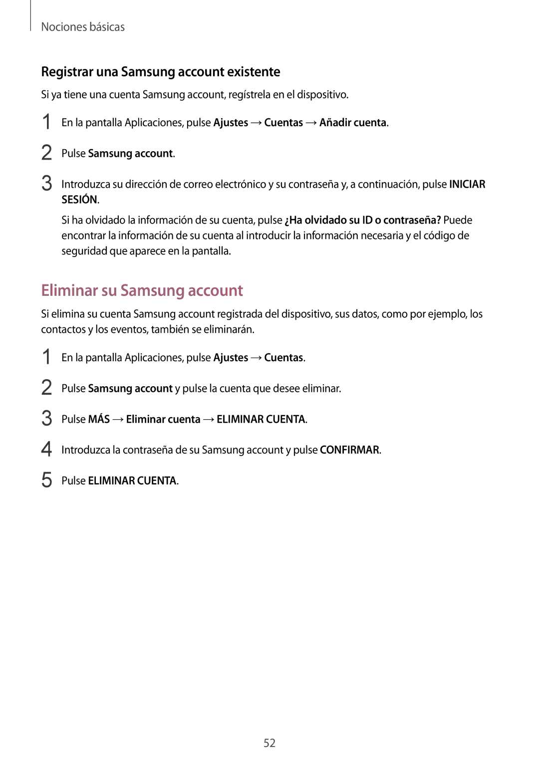 Samsung SM-G935FEDAPHE manual Eliminar su Samsung account, Registrar una Samsung account existente, Pulse Samsung account 