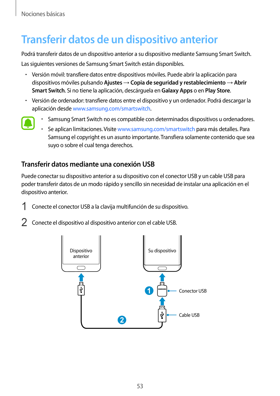 Samsung SM-G935FZDAPHE manual Transferir datos de un dispositivo anterior, Transferir datos mediante una conexión USB 