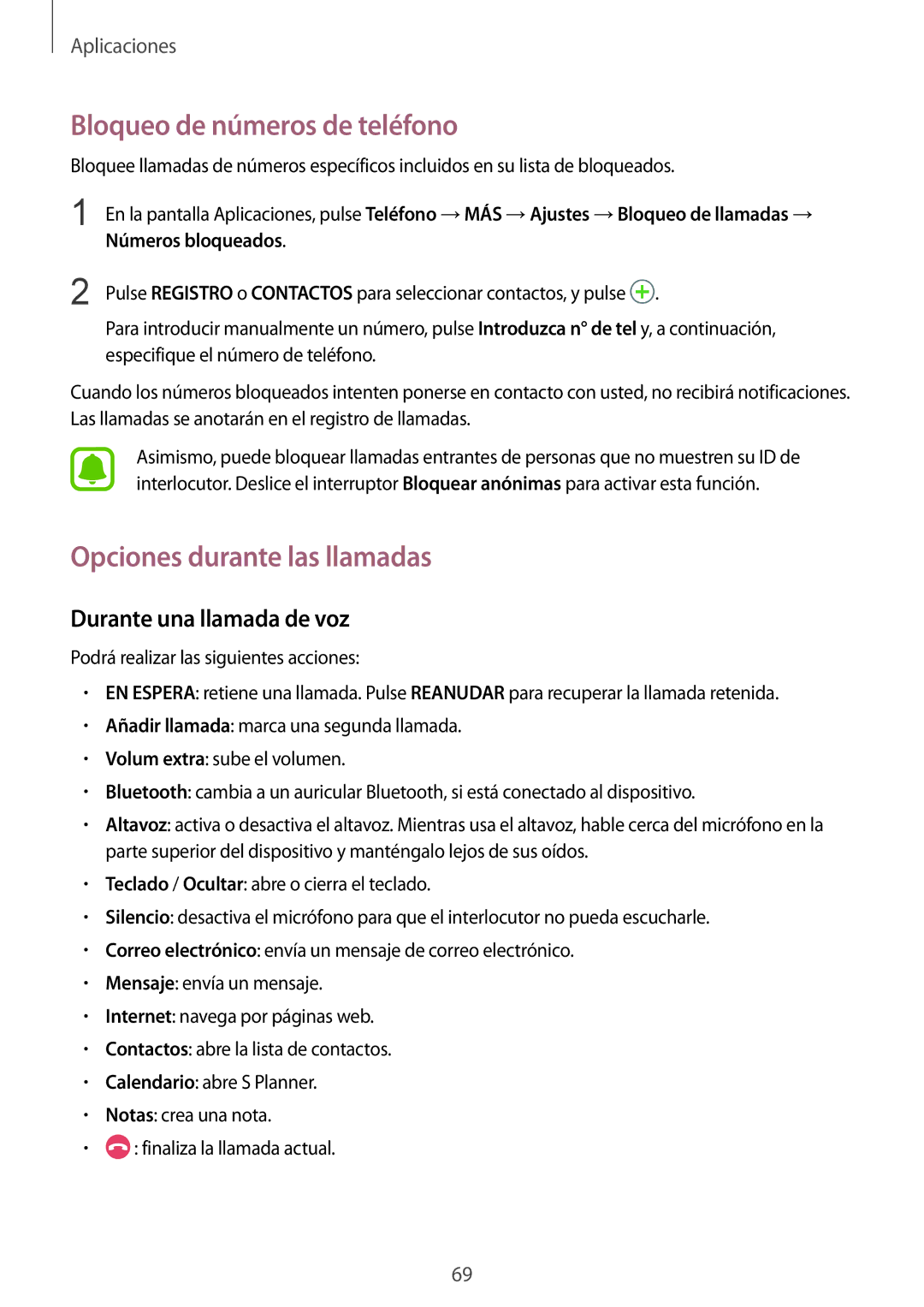 Samsung SM-G935FZSAPHE manual Bloqueo de números de teléfono, Opciones durante las llamadas, Durante una llamada de voz 