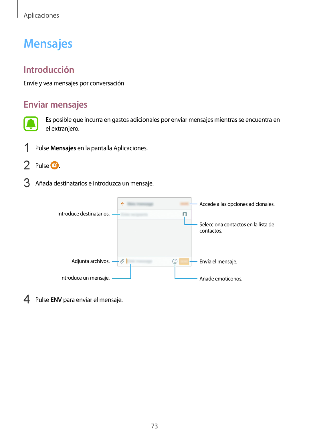 Samsung SM-G935FZDAPHE, SM-G935FZBAPHE, SM-G935FZKAPHE, SM-G935FEDAPHE, SM-G935FZSAPHE manual Mensajes, Enviar mensajes 