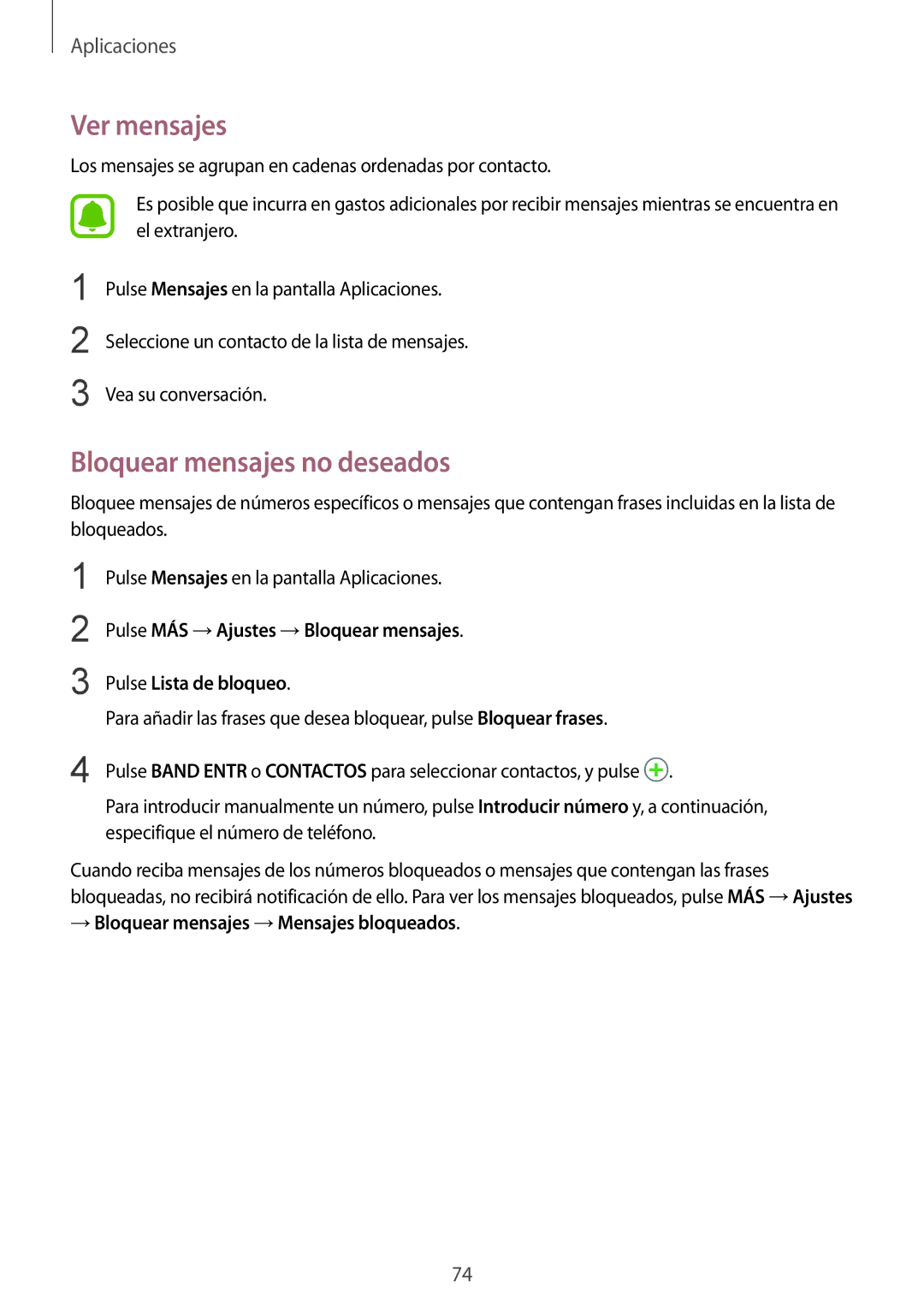 Samsung SM-G935FZSAPHE manual Ver mensajes, Bloquear mensajes no deseados, → Bloquear mensajes →Mensajes bloqueados 