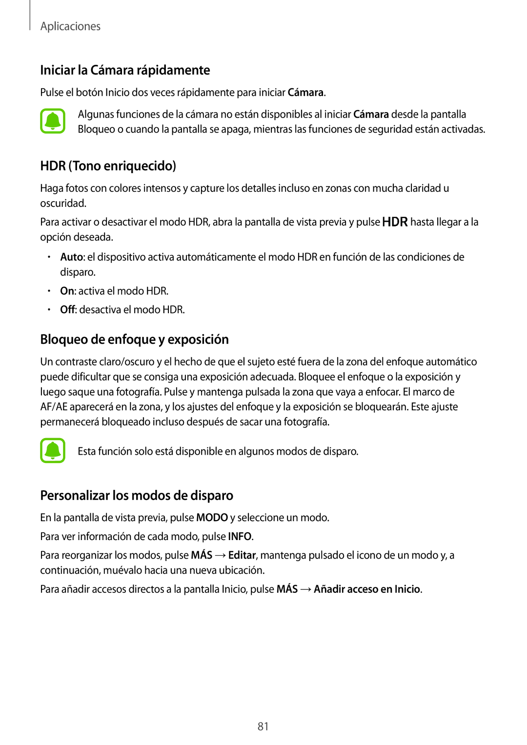 Samsung SM-G935FZKAPHE manual Iniciar la Cámara rápidamente, HDR Tono enriquecido, Bloqueo de enfoque y exposición 