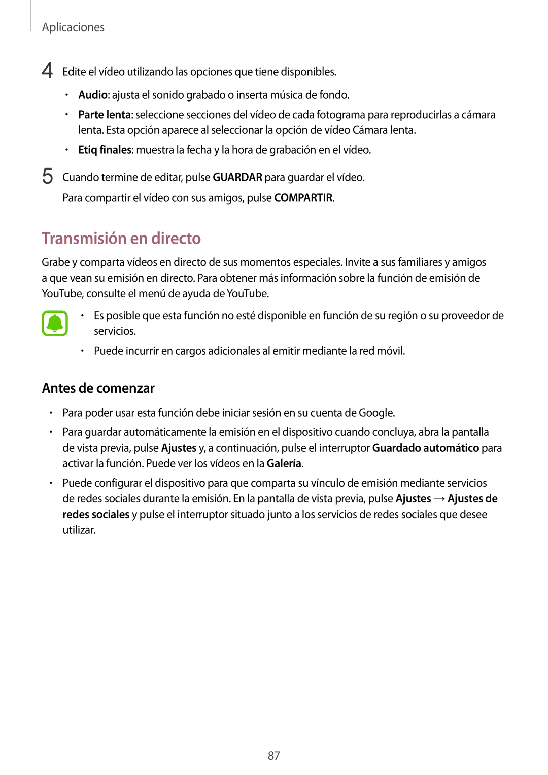 Samsung SM-G935FEDAPHE, SM-G935FZBAPHE, SM-G935FZKAPHE, SM-G935FZDAPHE manual Transmisión en directo, Antes de comenzar 